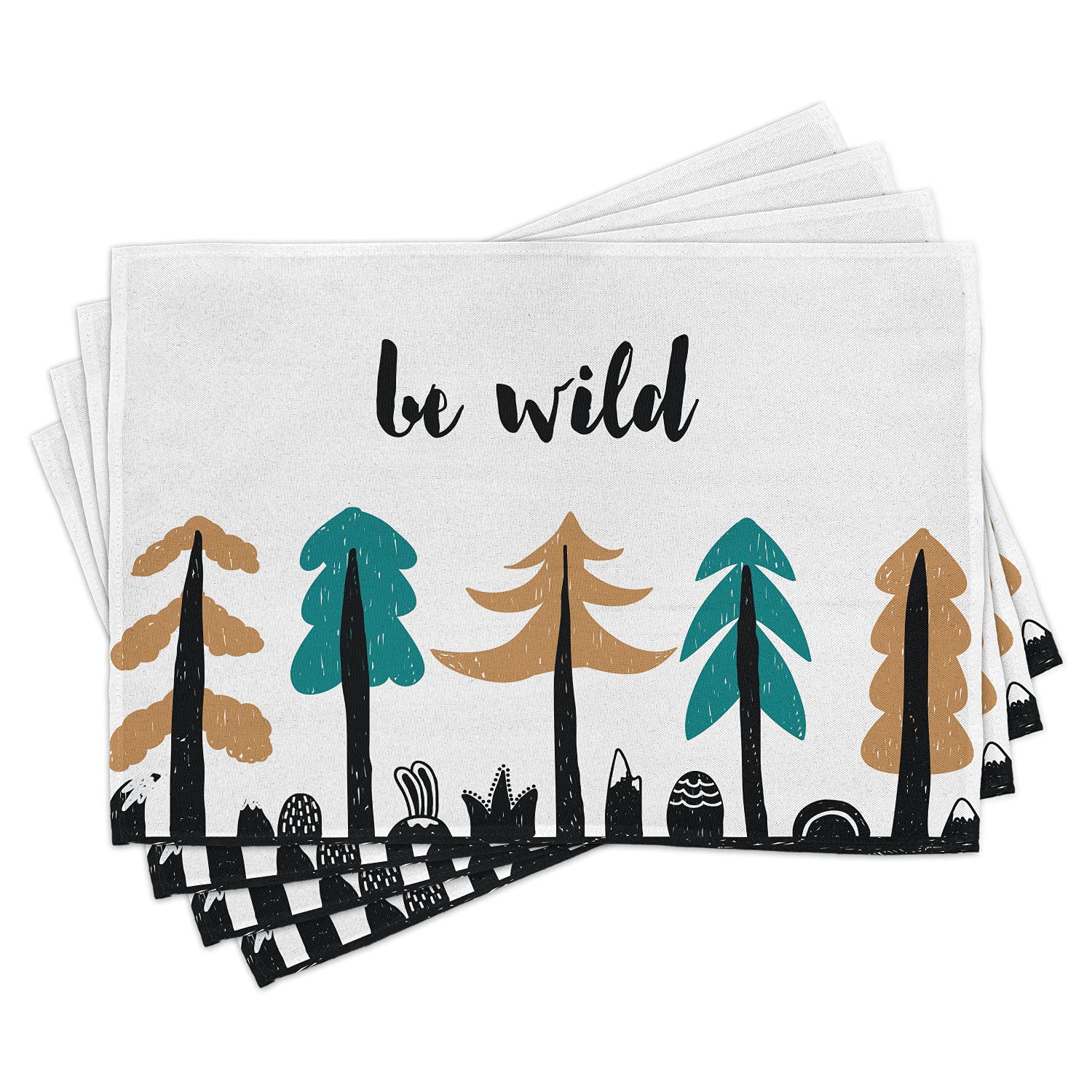 Lunarable Wild and Free Place Mats Set of 4 - Hand Drawn Forest Design with 'Be Wild' Message, Washable Fabric Placemats for Dining Table & Kitchen Decor in Pale Brown, Teal & Black | Perfect for Rustic, Bohemian & Nature-Inspired Home Decor