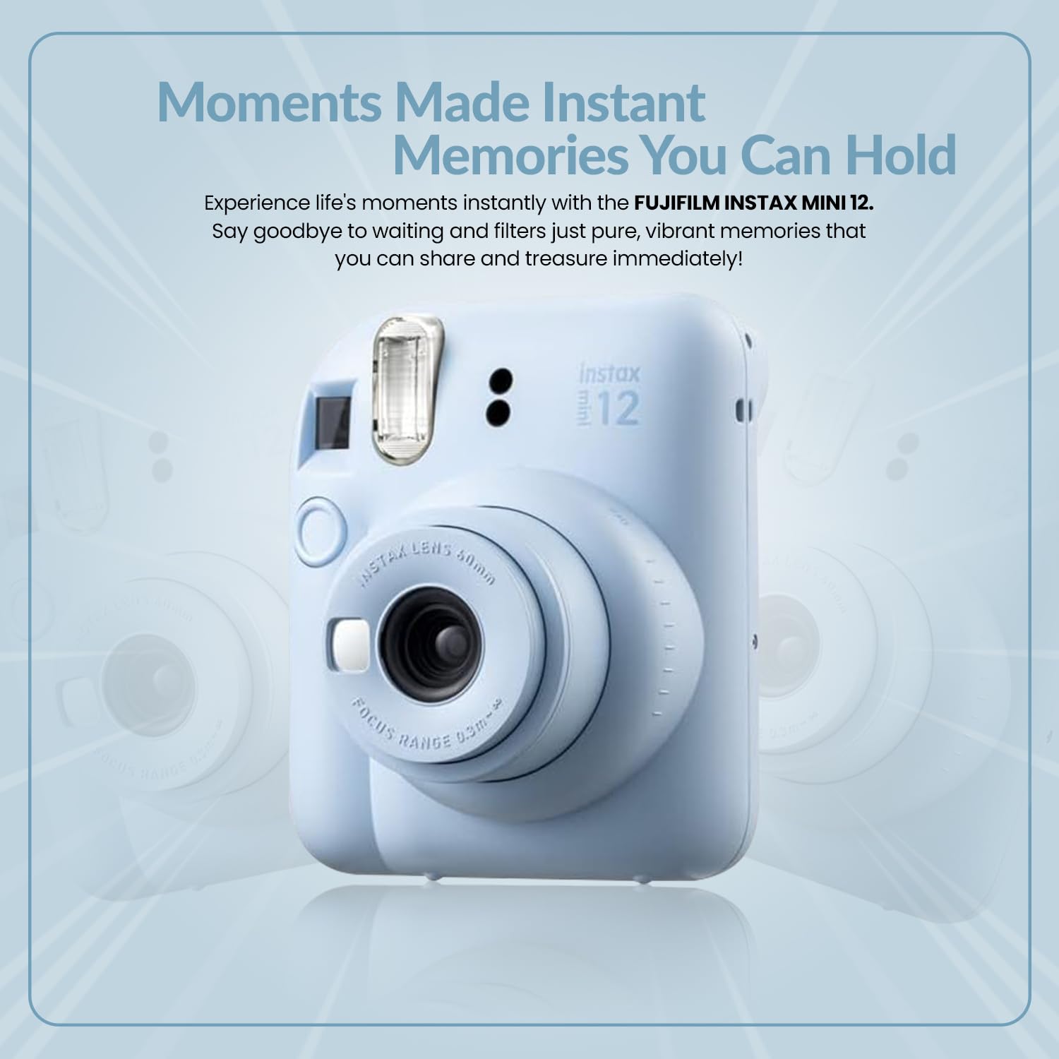 FujiFilm INSTAX Mini 12 Instant Camera (2024 Model) - Pastel Blue Holiday Bundle with 4 AA Batteries & Microfiber Cleaning Cloth | Perfect for Travel, Parties, and Memory Keeping