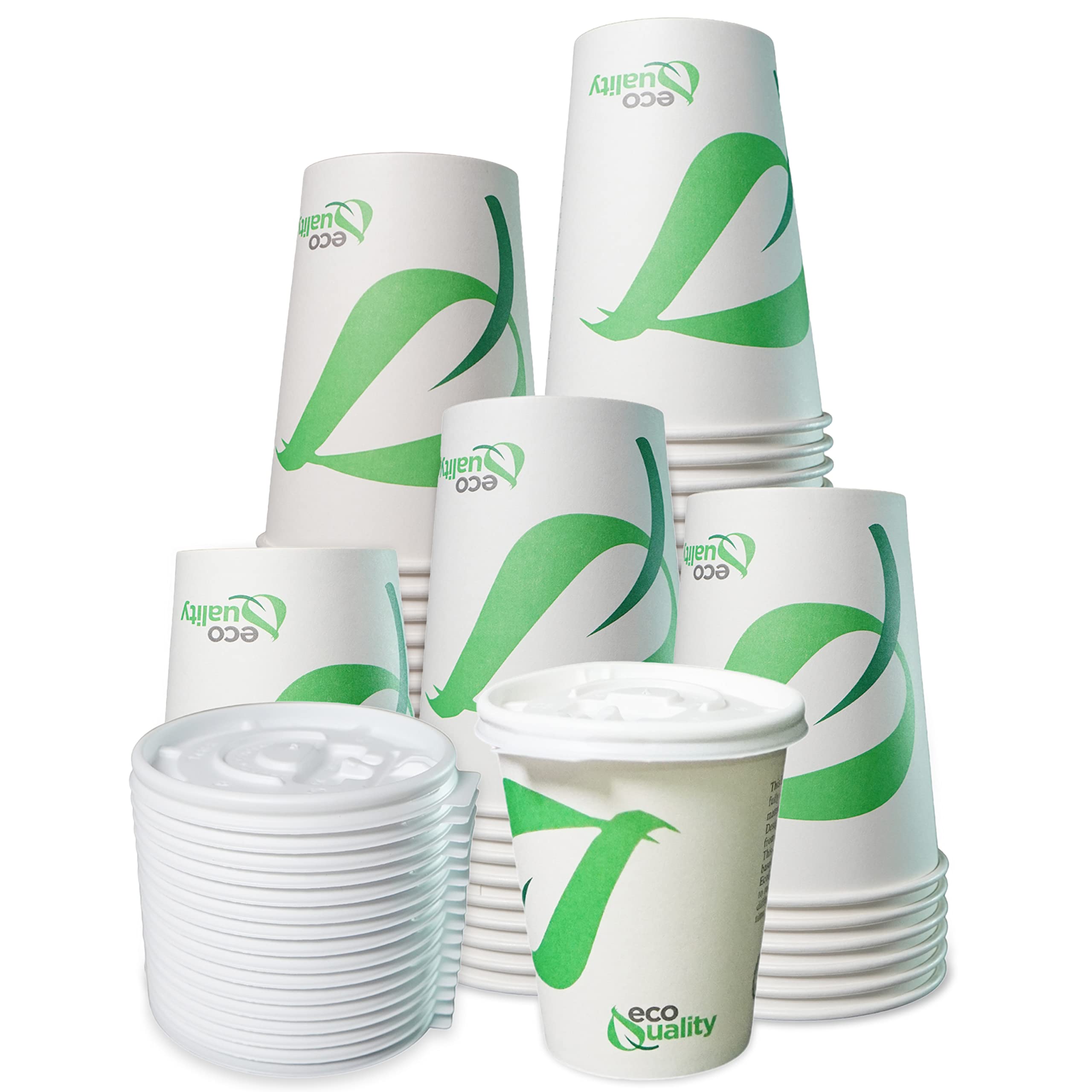 8 oz Compostable Paper Coffee Cups with White Flat Lids - 1000 Pack Biodegradable PLA Lined Disposable Cups for Hot & Cold Beverages - Eco-Friendly Coffee Shop, Office, Party, and Takeout Drinkware