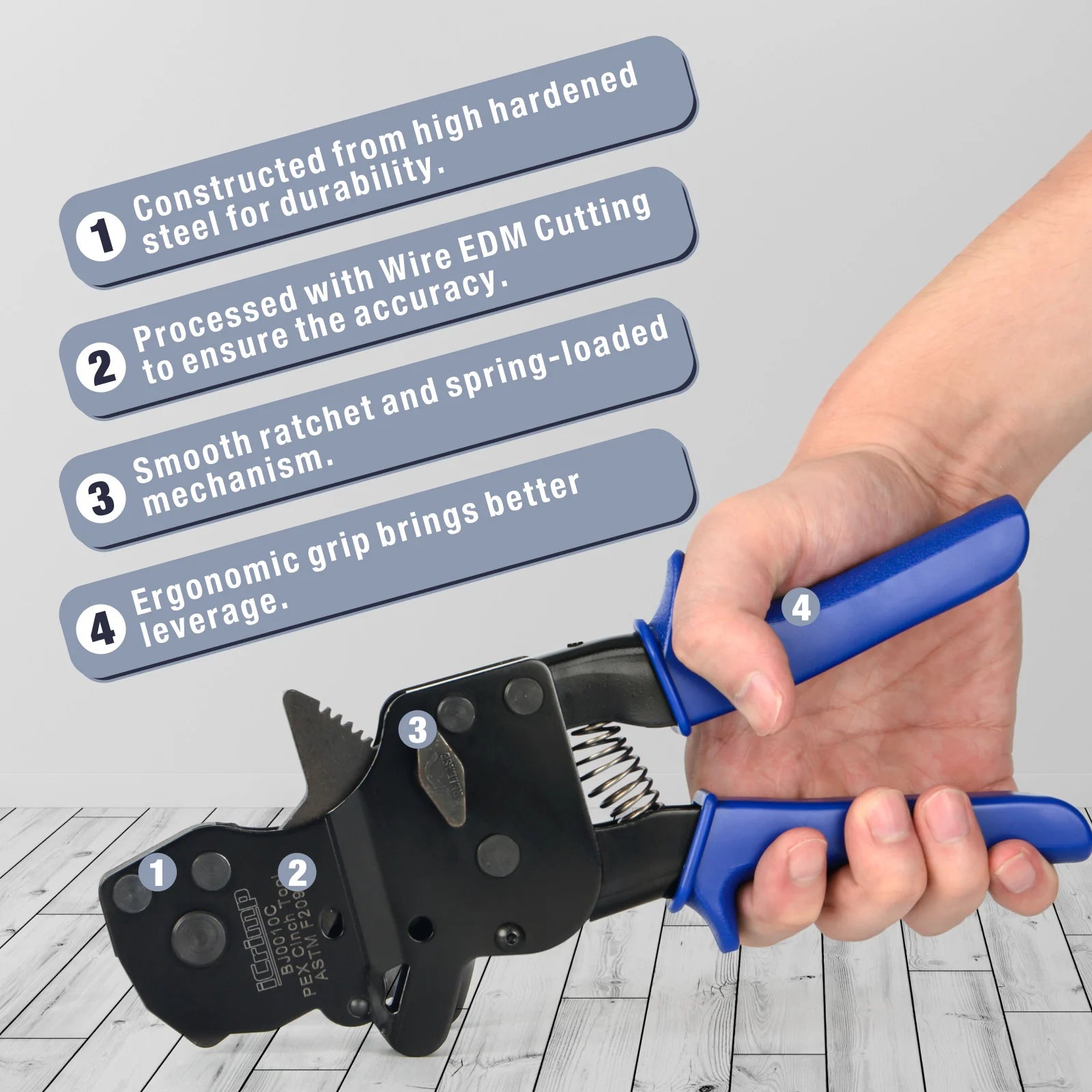 One-Handed Ratchet PEX Clamp Tool for 3/8