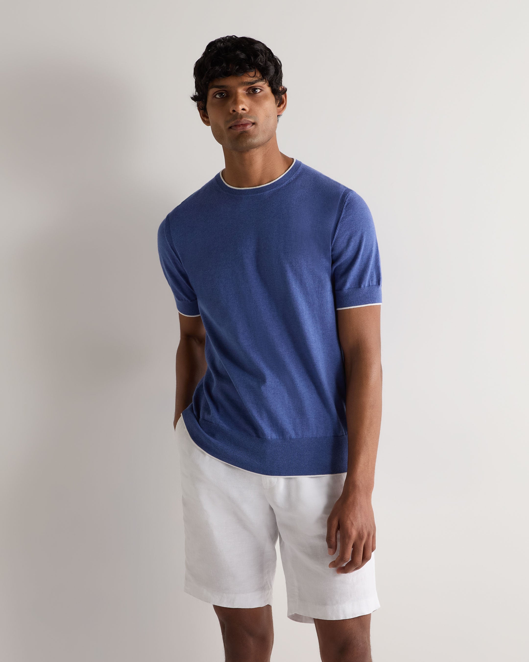 Premium Men's Cotton Cashmere Blend T-Shirt - Soft Denim Blue Crewneck Tee for Casual Wear & Everyday Comfort