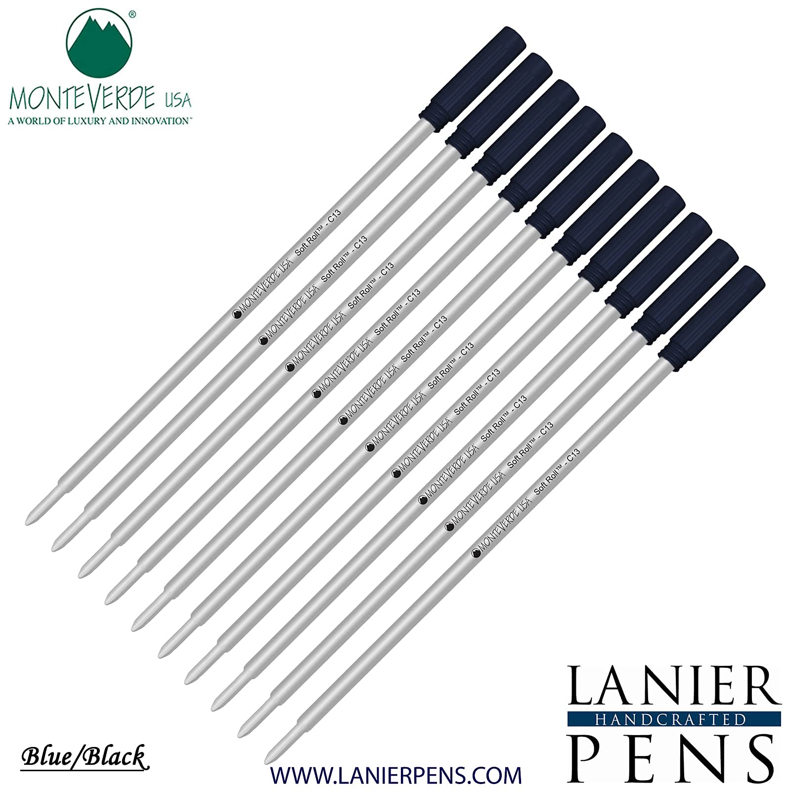 Monteverde Soft Roll Ballpoint Ink Refills - 10 Pack C13 Compatible with Cross Style Pens - Blue Black Medium Tip 0.7mm - Smooth Writing for Office, School & Everyday Use