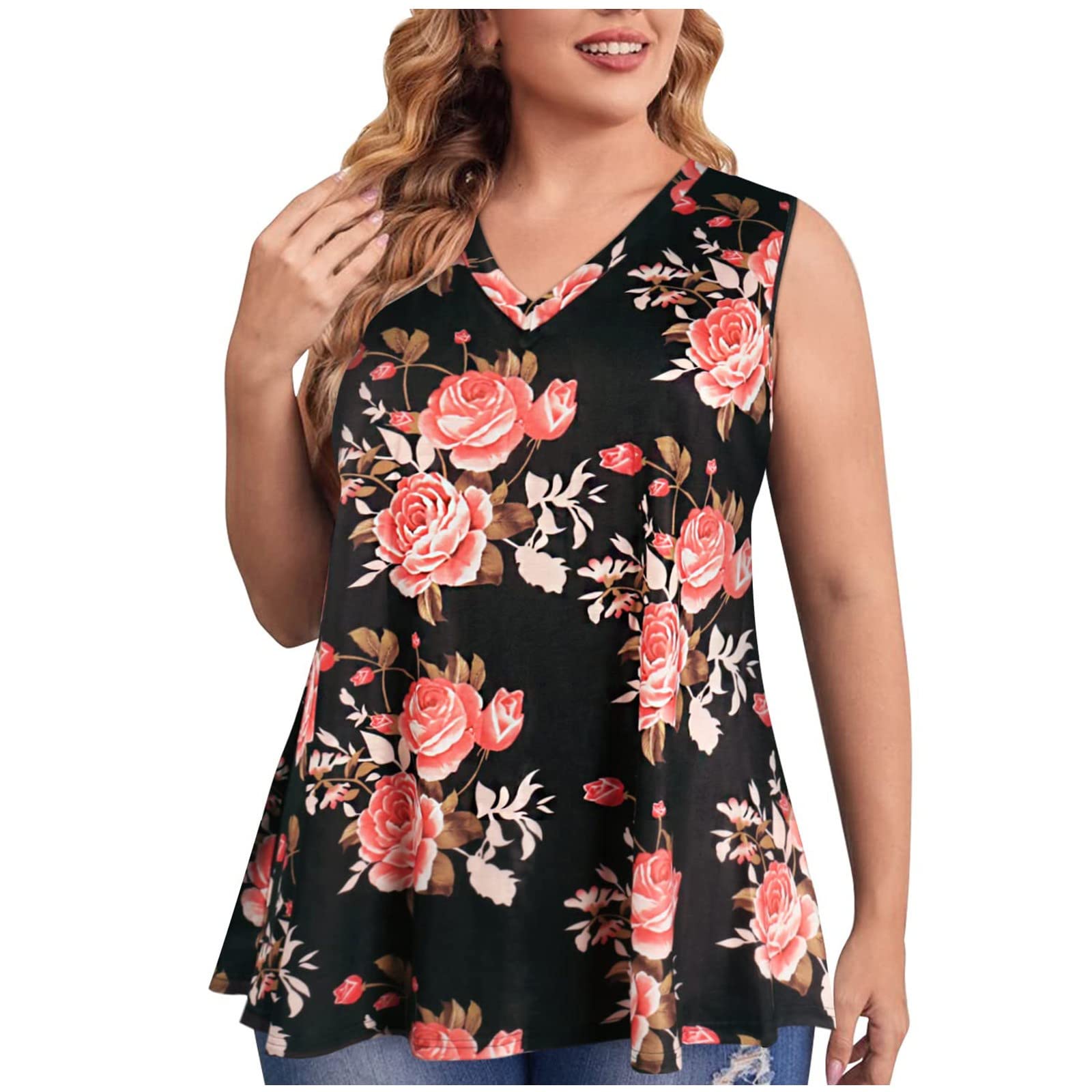 Women's V-Neck Sleeveless Tunic Tops - Plus Size Casual Loose Tank Blouse for Summer | Perfect for Beach, Vacation & Everyday Wear