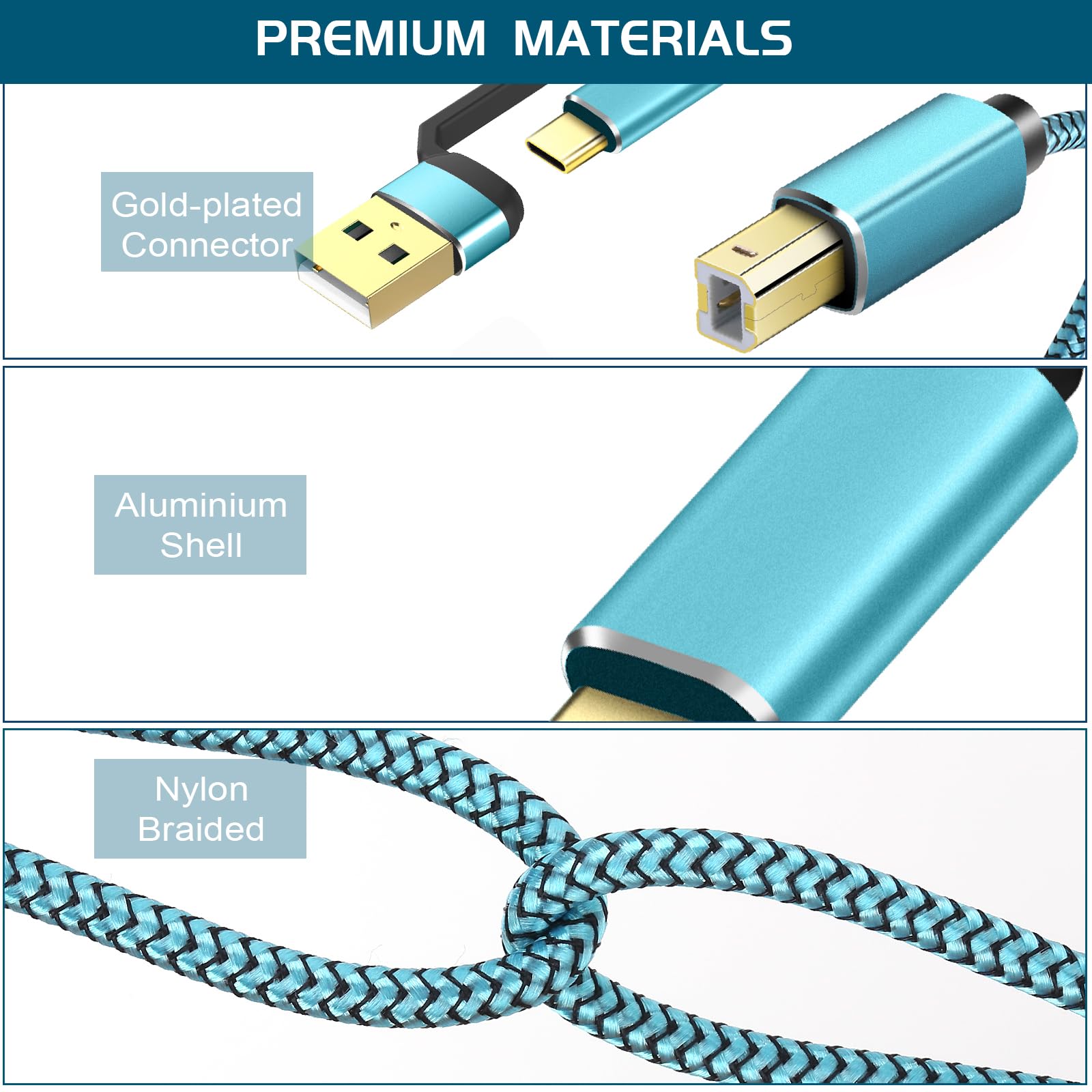 10FT USB Printer Cable - High-Speed Nylon Braided USB A to USB B Cord for HP, Canon, Epson, Dell, Brother Printers & Yamaha MIDI Controllers | Durable & Tangle-Free | Perfect for Home Office, Studio & School Use