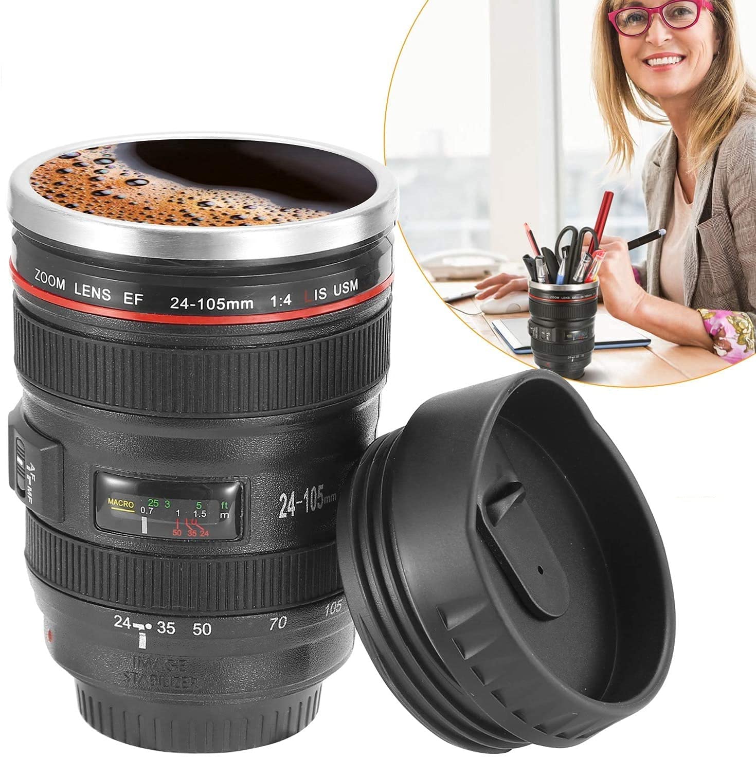 Stainless Steel Insulated Coffee Mug with Lid - Canon Camera Lens Design Thermal Travel Tumbler for Hot & Cold Drinks - Perfect for Office, Camping, and Photography Enthusiasts (Black)