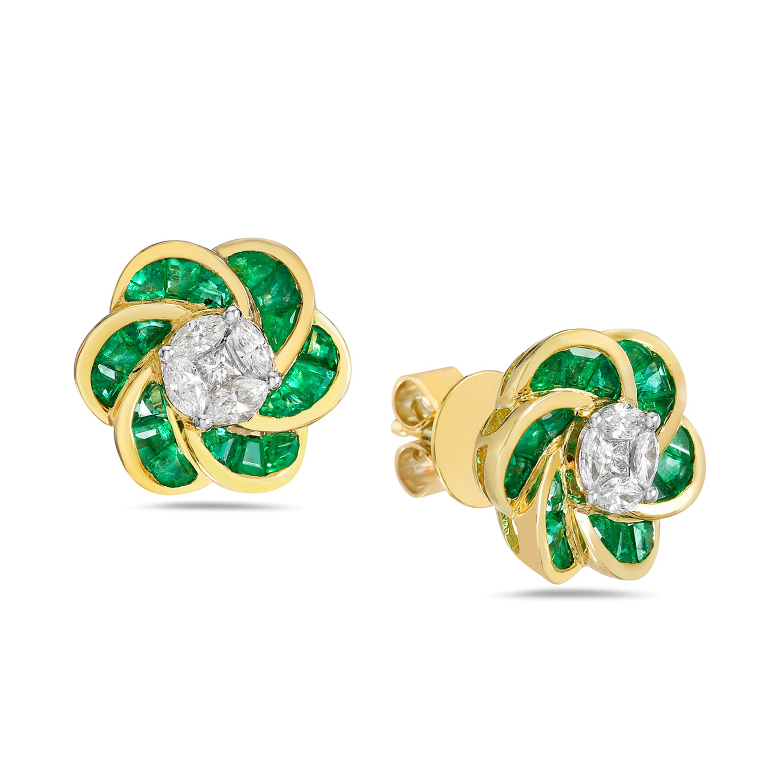 18K Yellow Gold Marquise Diamond Channel Set Emerald Daisy Earrings for Women - Elegant Bridal Jewelry, Anniversary Gift & Special Occasion Accessories