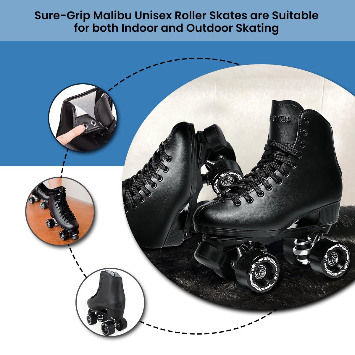 Sure-Grip Malibu Unisex Roller Skates - Stylish Vegan Leather Upper, Sturdy Aluminum Trucks, ABEC 3 Bearings, 88a Hardness Wheels - Made in USA for Indoor and Outdoor Skating