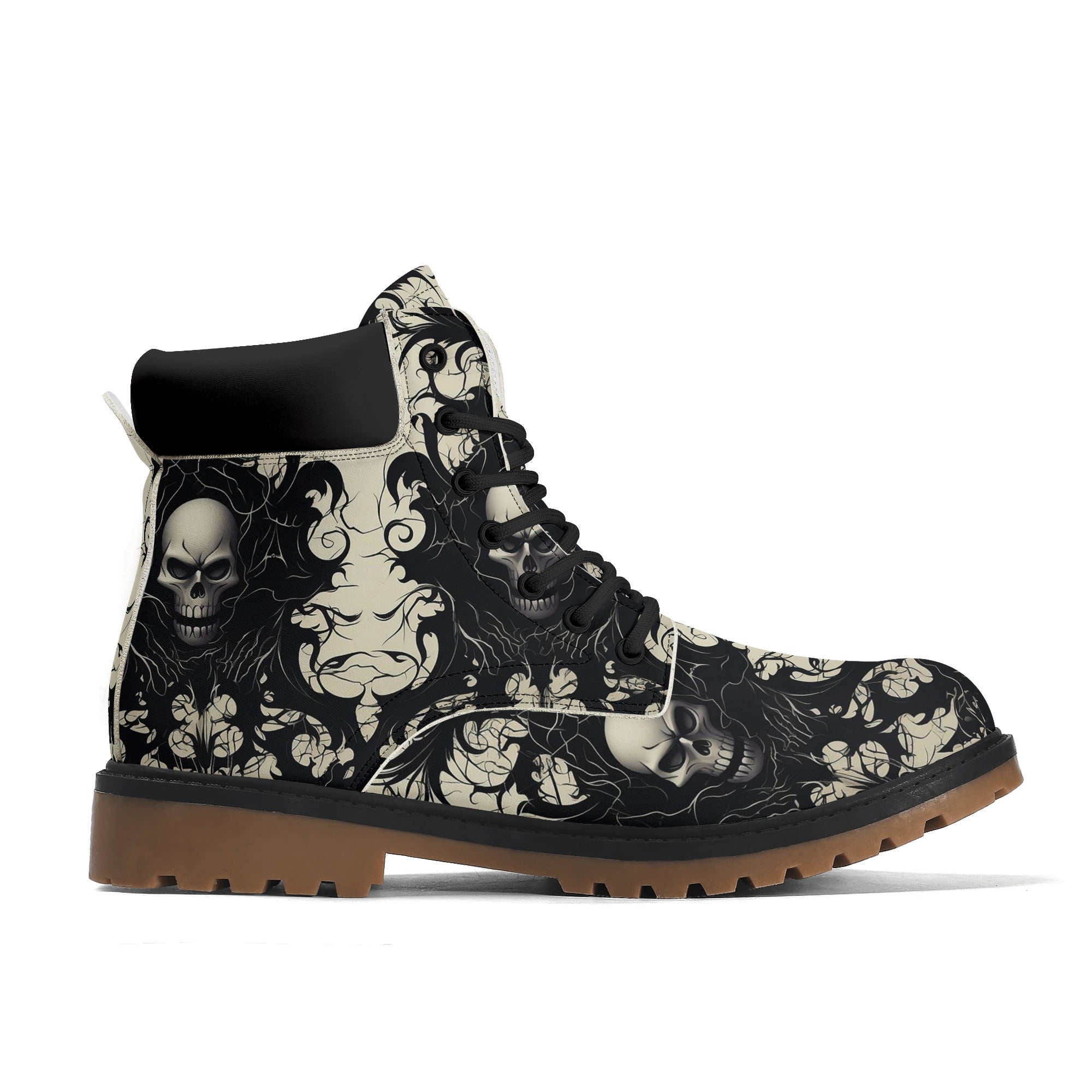 Gothic Black and White Leather Boots with Brown Outsole - All Season Comfort for Women | Perfect for Casual Wear, Parties, and Outdoor Adventures