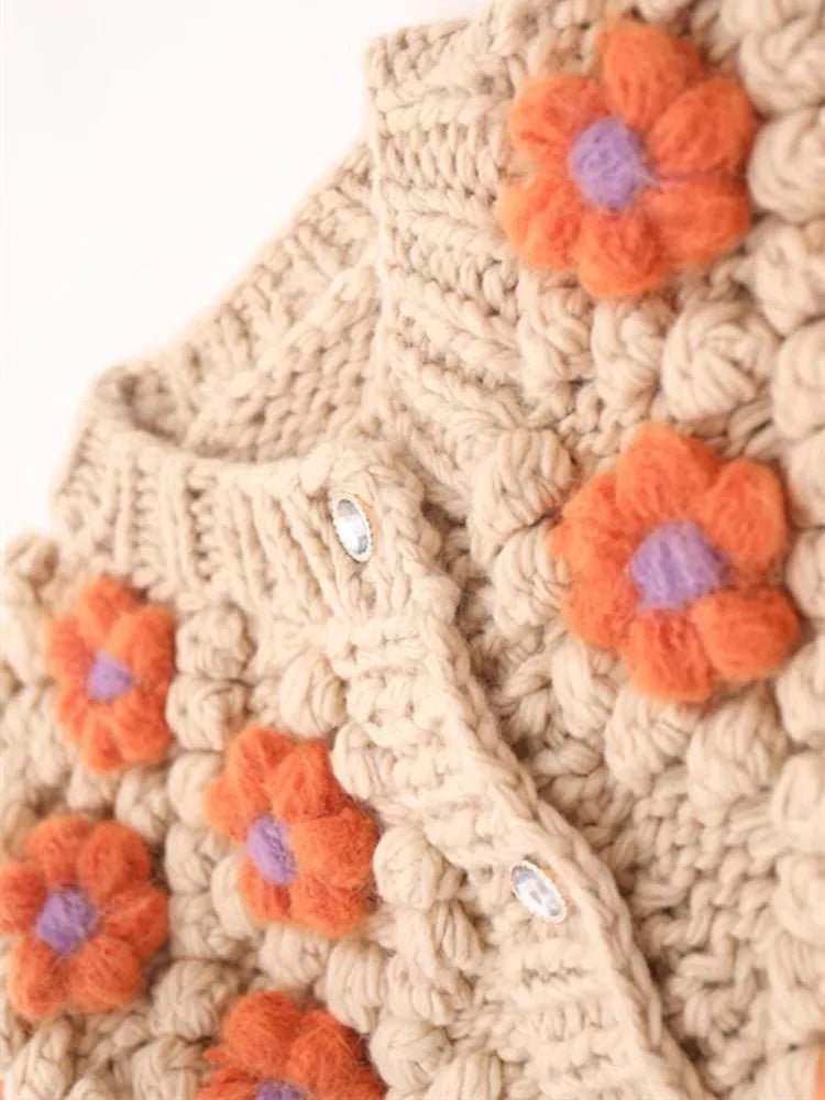 Handmade Crochet Sweater for Women - Thick Knit Winter Cardigan with Cute Flower & Fur Ball Details | Cozy Fall & Winter Fashion | Perfect for Casual Outings, Date Nights & Holiday Gatherings