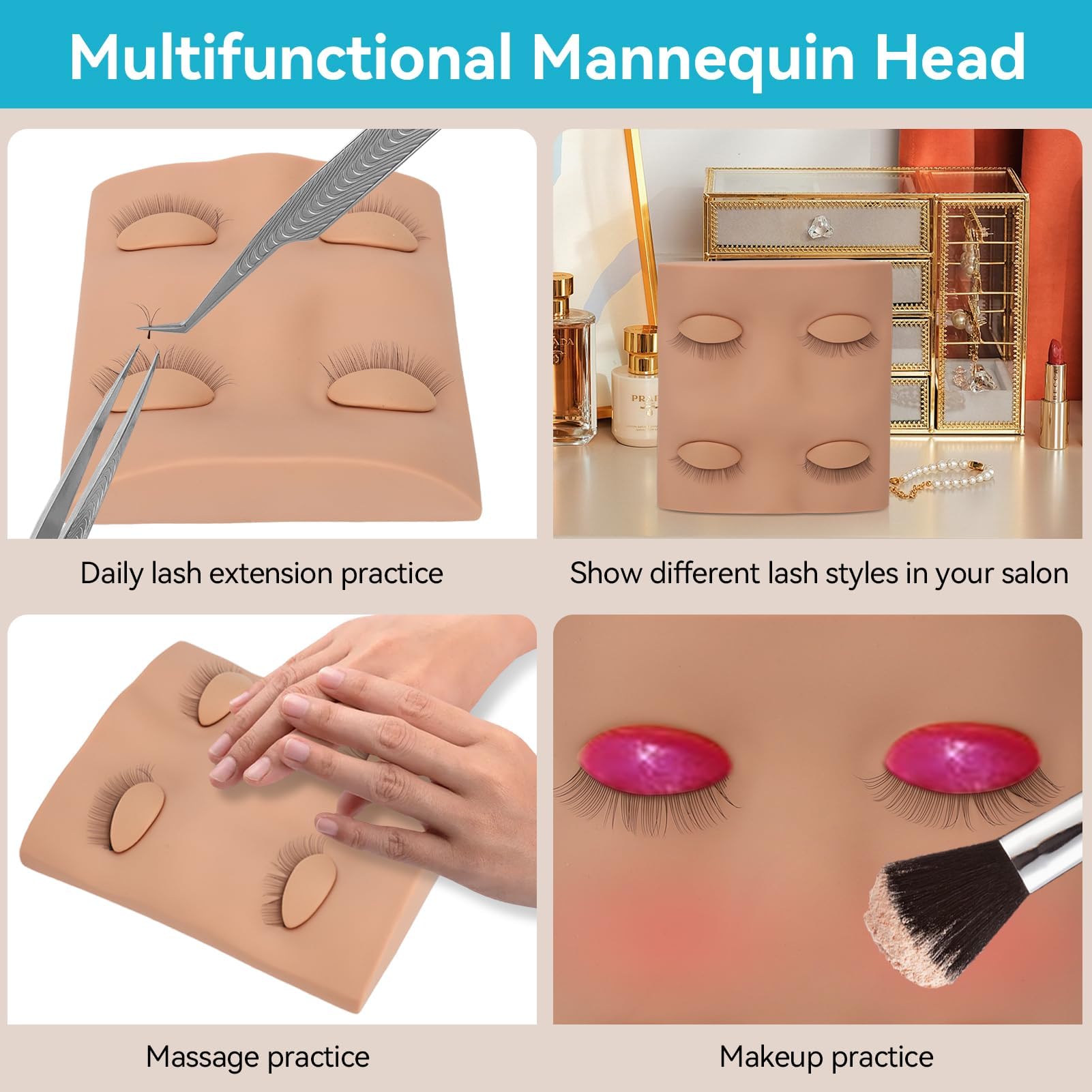 Agatige Eyelash Extension Mannequin Head for Beginners - Removable Eyelids Silicone Makeup Practice Face with Lash Kit - Perfect for Eyelash Training, Makeup School & Salon Practice (Complexion)