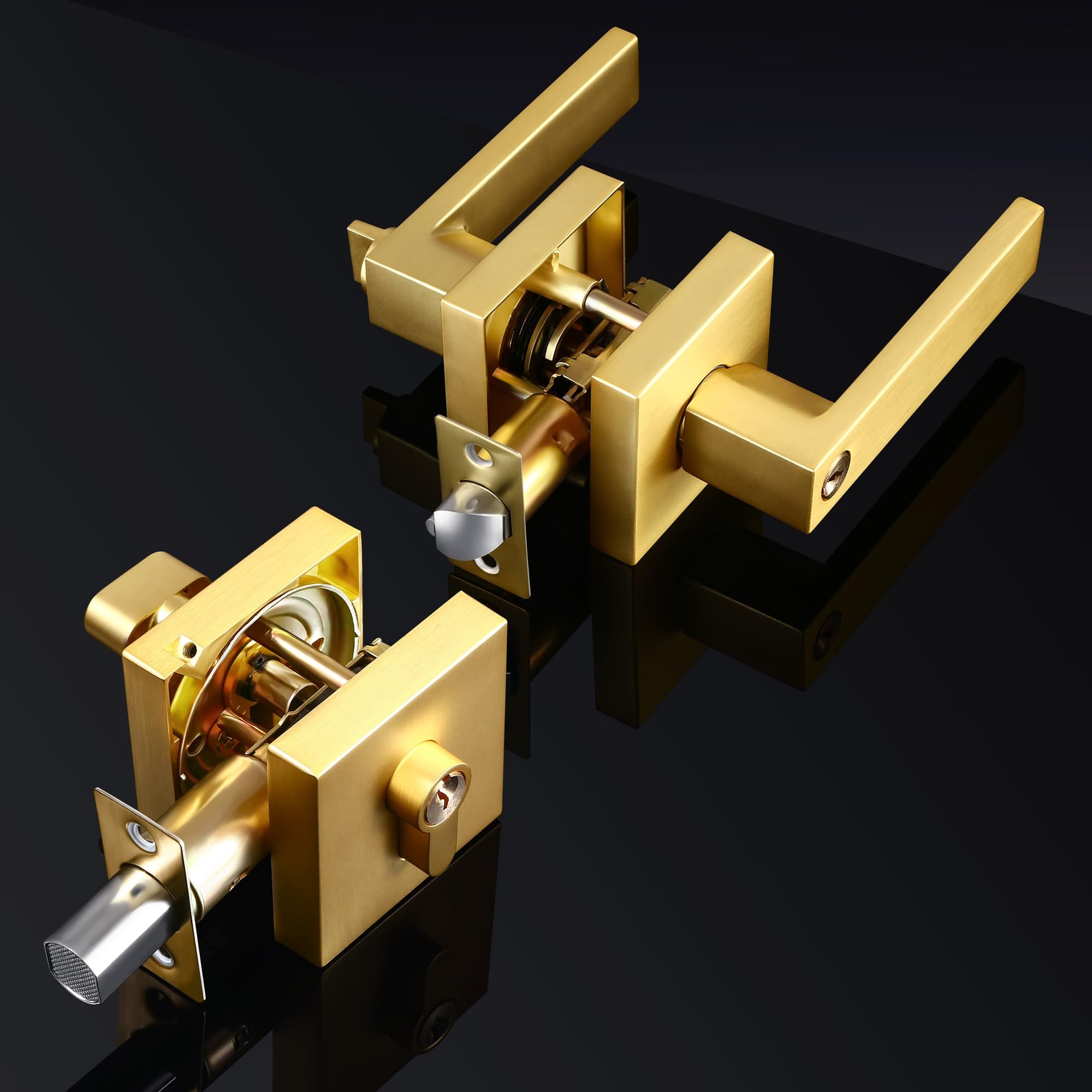 Leydebong 4-Pack Heavy Duty Front Door Handle & Deadbolt Set - Single Cylinder Keyed Alike Lever Door Handle for Office & Entrance Doors (Gold Finish) - Perfect for Home Security & Commercial Buildings