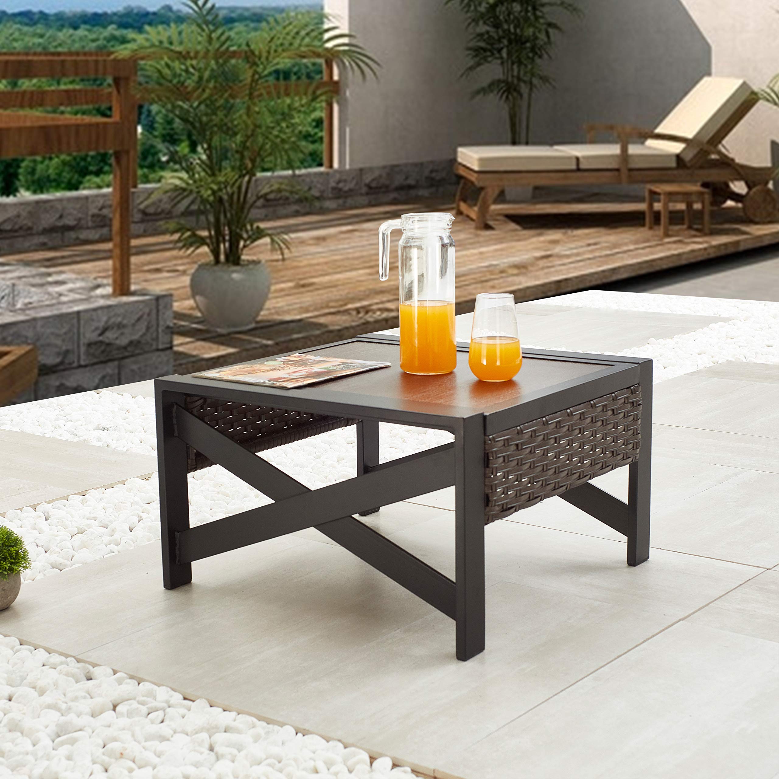 LOKATSE HOME Outdoor Metal Patio Bistro Table with X-Shaped Steel Legs & Wicker Rattan Top - Brown Side Table for Coffee, Garden, Balcony, and Poolside Use