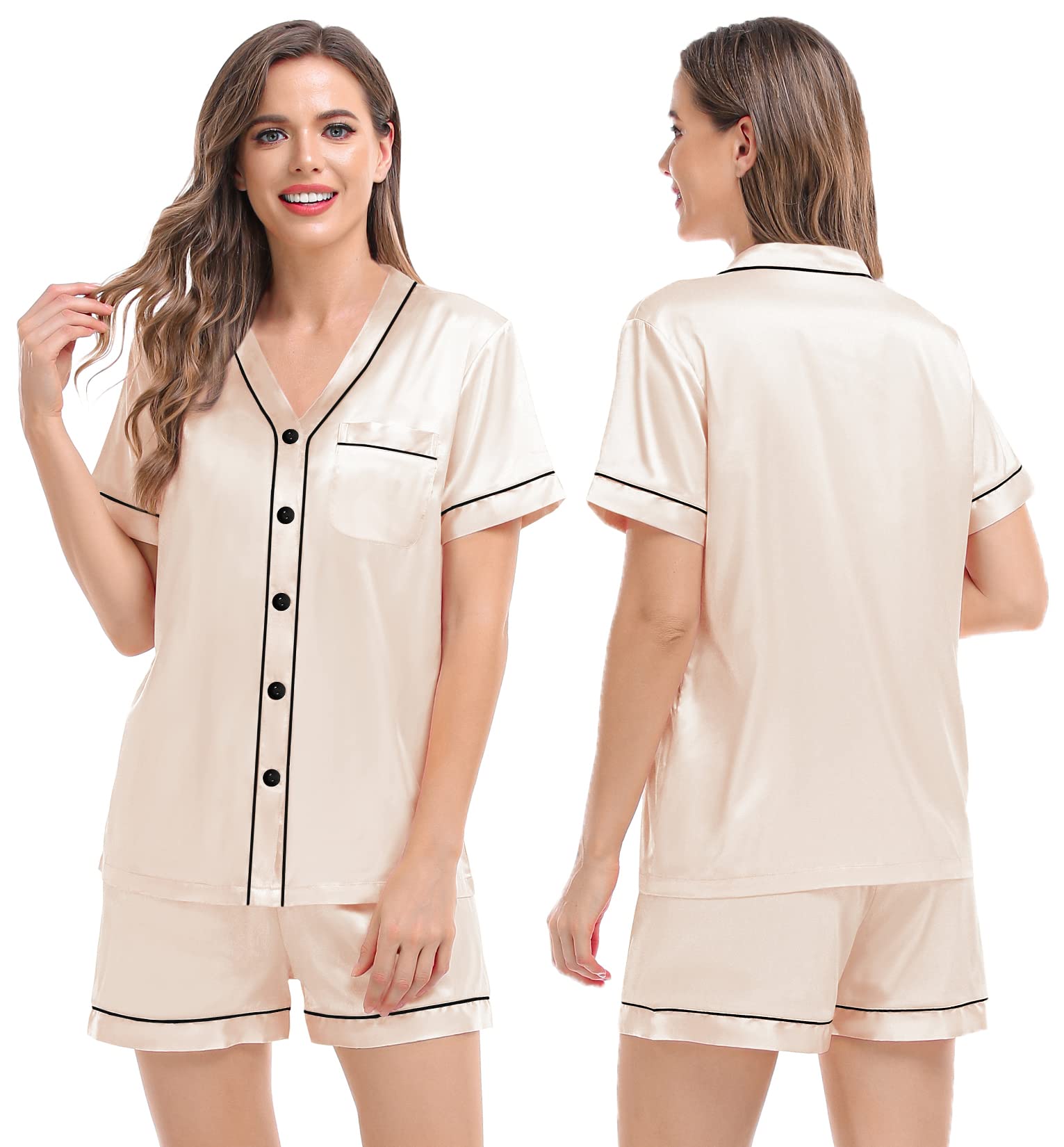 SWOMOG Women's Satin Pajama Set - V-Neck Short Sleeve Top & Capri Pants 2-Piece Lounge Wear for Sleep, Travel & Relaxation at Home