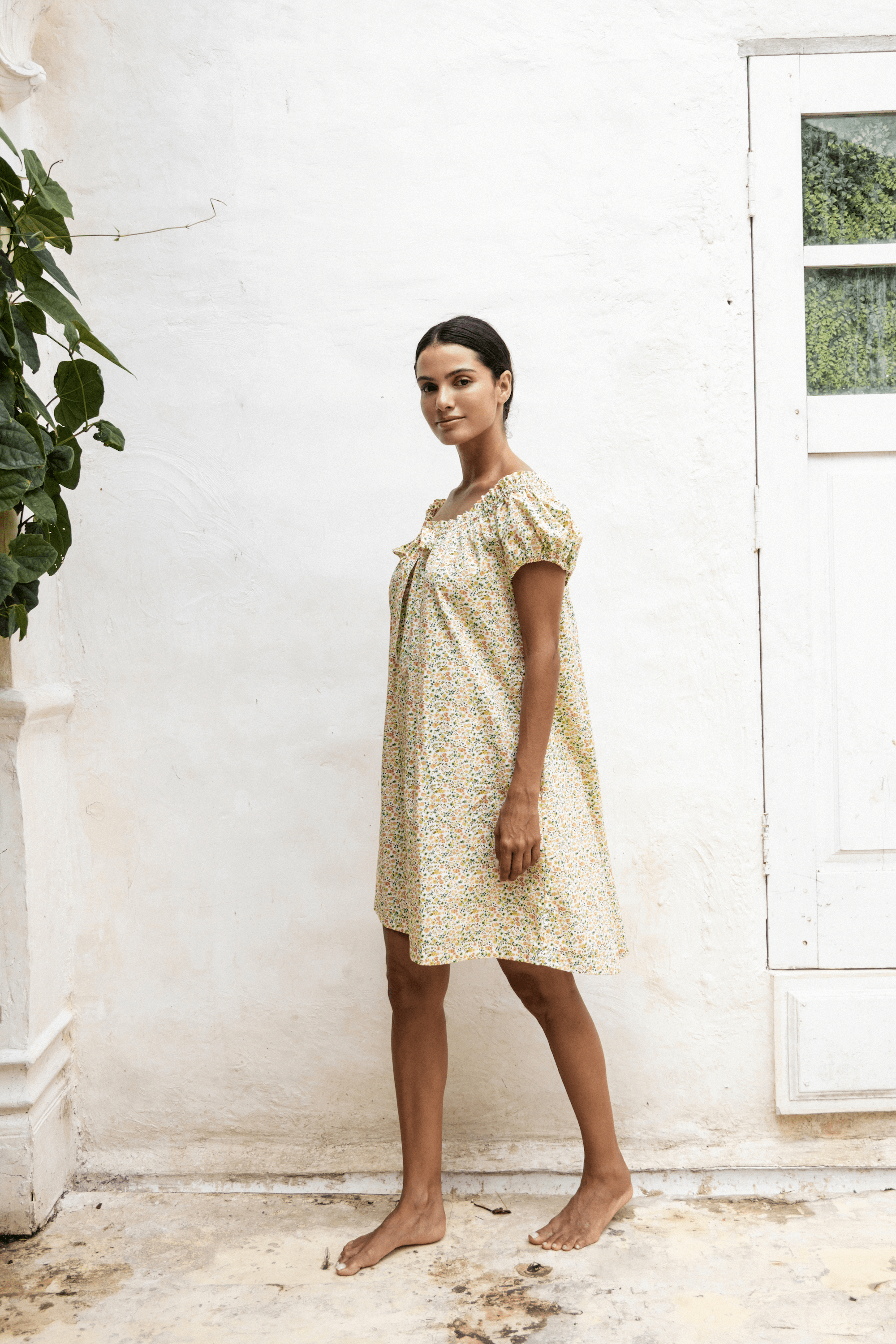 Lily Lounge Dress - Soft Cotton Floral Print in Floral Green - Perfect for Relaxing at Home, Lounging & Casual Outings
