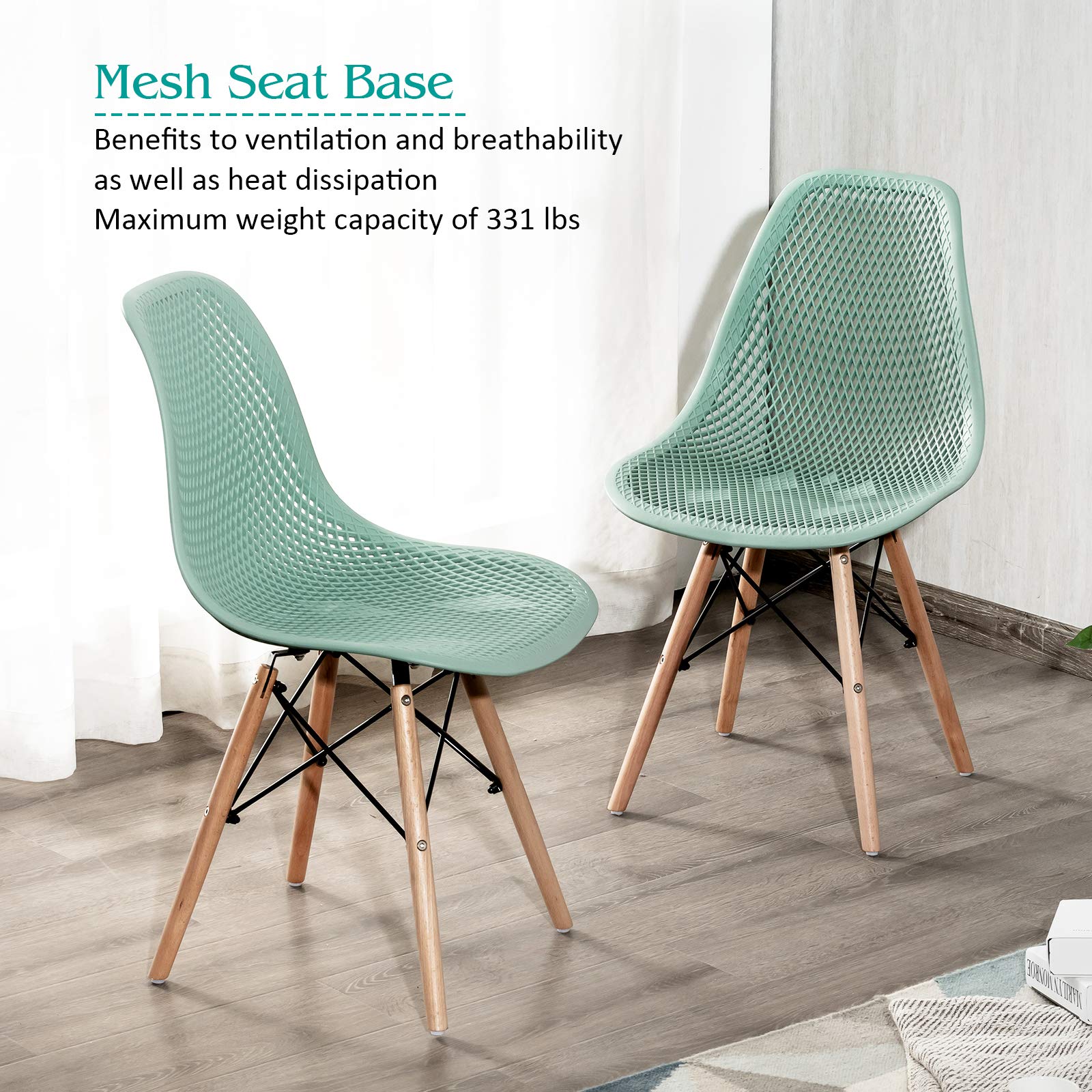 Giantex Set of 4 Modern Dining Chairs - Indoor/Outdoor Shell PP Lounge Side Chairs with Mesh Design & Beech Wood Legs - Tulip Leisure Chairs for Kitchen, Dining Room, Patio, Garden - Green