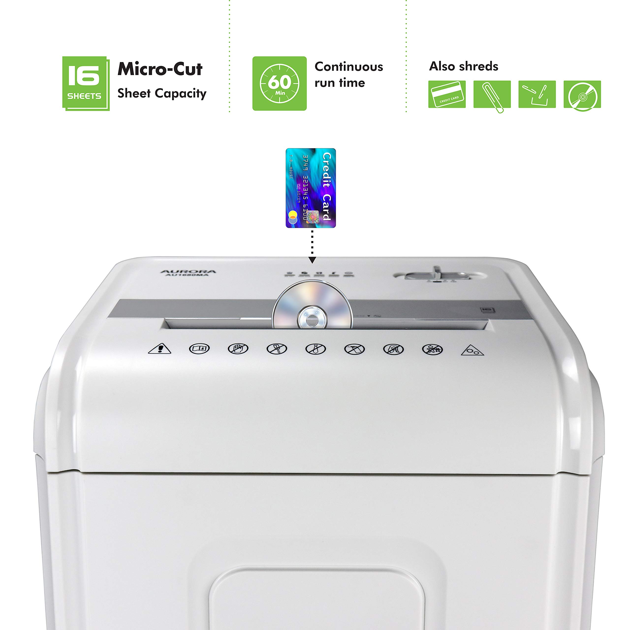 Aurora AU1680MA Heavy Duty 16-Sheet Micro-Cut Paper Shredder - High Security, Anti-Jam Technology, 60-Minute Run Time, 7-Gallon Pullout Basket with Casters - Ideal for Office, Home & Confidential Document Destruction