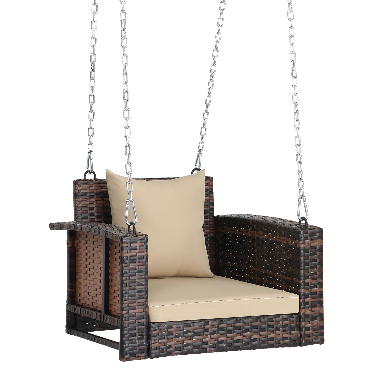 Outvita 2FT Hanging Porch Swing for Adults - Square Wicker Patio Swing with Cushion & Pillow, 440lbs Weight Capacity (Brown & Khaki) - Perfect for Garden, Backyard, and Outdoor Relaxation