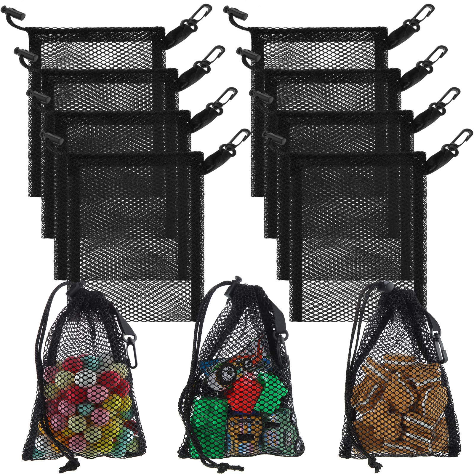 8-Piece Black Mesh Drawstring Bags with Clips - Small Nylon Storage Pouch for Jewelry, Beach Toys, Kitchen Utensils & Travel Essentials (10.8