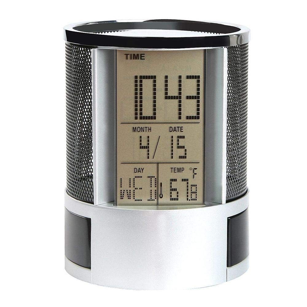 Lliang Digital Alarm Clock with LCD Calendar, Temperature Display & Mesh Pen Holder - Perfect for Office Desk, Home Study, and Classroom Organization