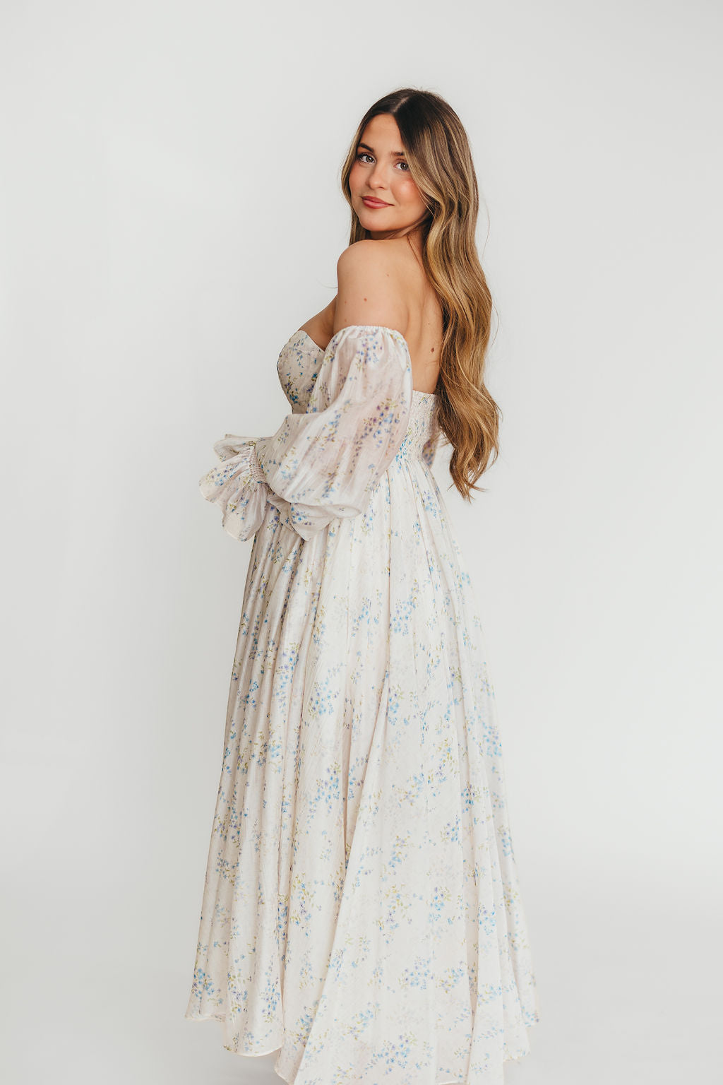 Dear Skye Floral Dress in Blue - Elegant Flowy Midi Dress with V-Neck & Ruffle Sleeves - Perfect for Weddings, Parties & Summer Vacations