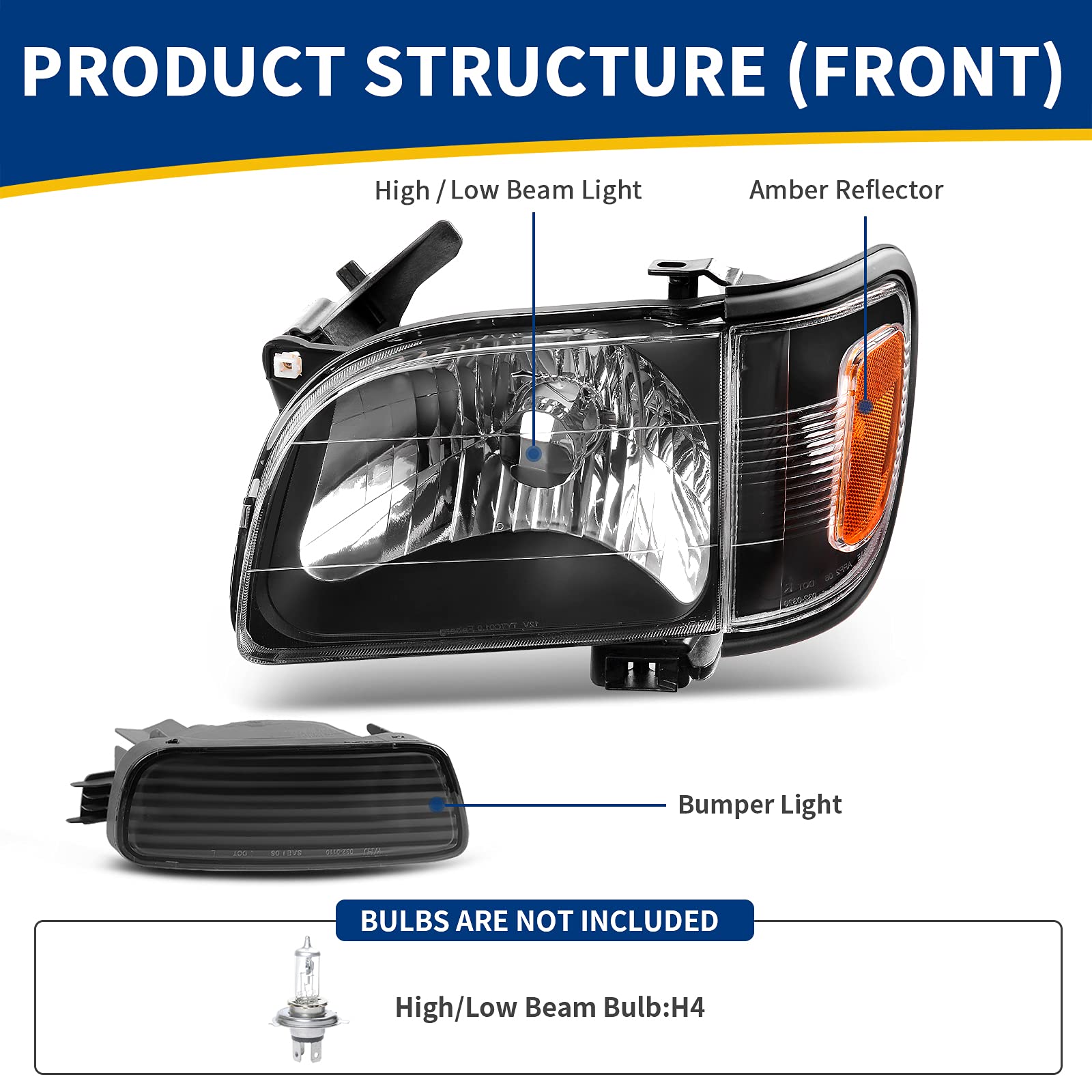 **AUTOSAVER88 Headlight Assembly Compatible with Toyota Tacoma 2001-2004 Pickup Truck - Black Housing, Amber Reflector, Clear Lens + Bumper Lights - Perfect for Night Driving & Off-Road Adventures**