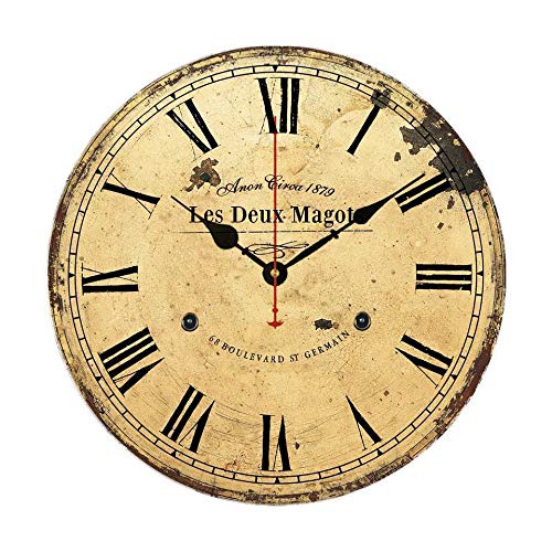 Moonluna Les Deux Magots Wall Clock - 14 Inch Rustic Wooden Battery Operated Clock with Decorative Design for Living Room, Bedroom & Office Decor