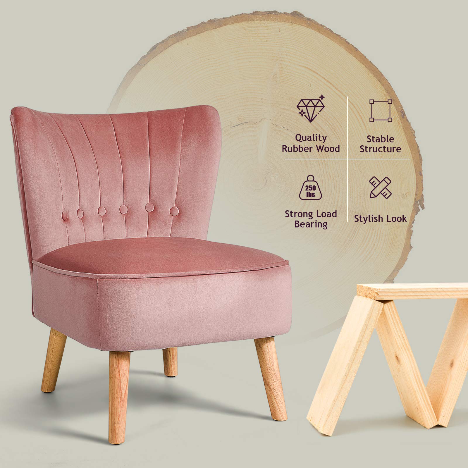 SAFSTAR Armless Accent Chair - Modern Wingback Velvet Sofa Chair with Sturdy Rubber Wood Legs & Plush Padded Seat, Upholstered Lounge Chair for Living Room, Bedroom, Office or Coffee Shop - Perfect for Relaxing, Reading & Entertaining Guests (Pink)