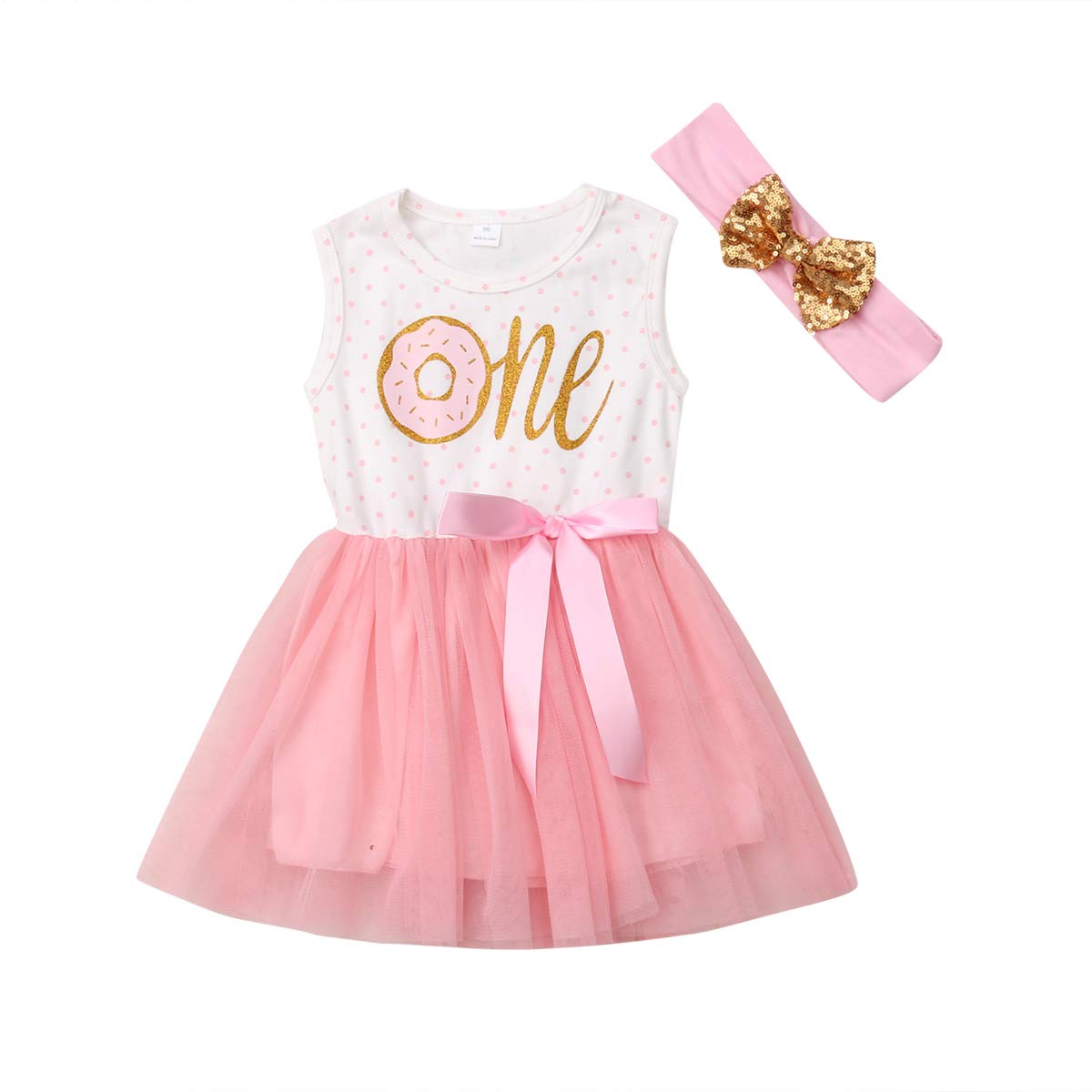 **Pink Striped Tutu Dress for Newborn Baby Girls | First Birthday Outfit with Donut Print Skirt & Headband 2Pcs Set | Casual Party & Photo Shoot Wear**