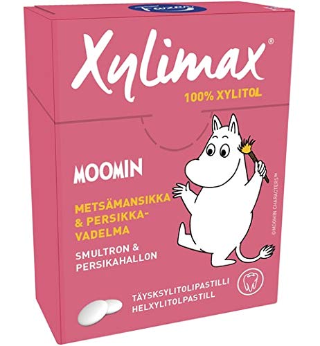 Fazer Xylimax Moomin Strawberry-Peach Xylitol Pastilles - 18 Boxes (55g Each) | Sugar-Free Candy for Kids, Healthy Snacks for Office & Travel