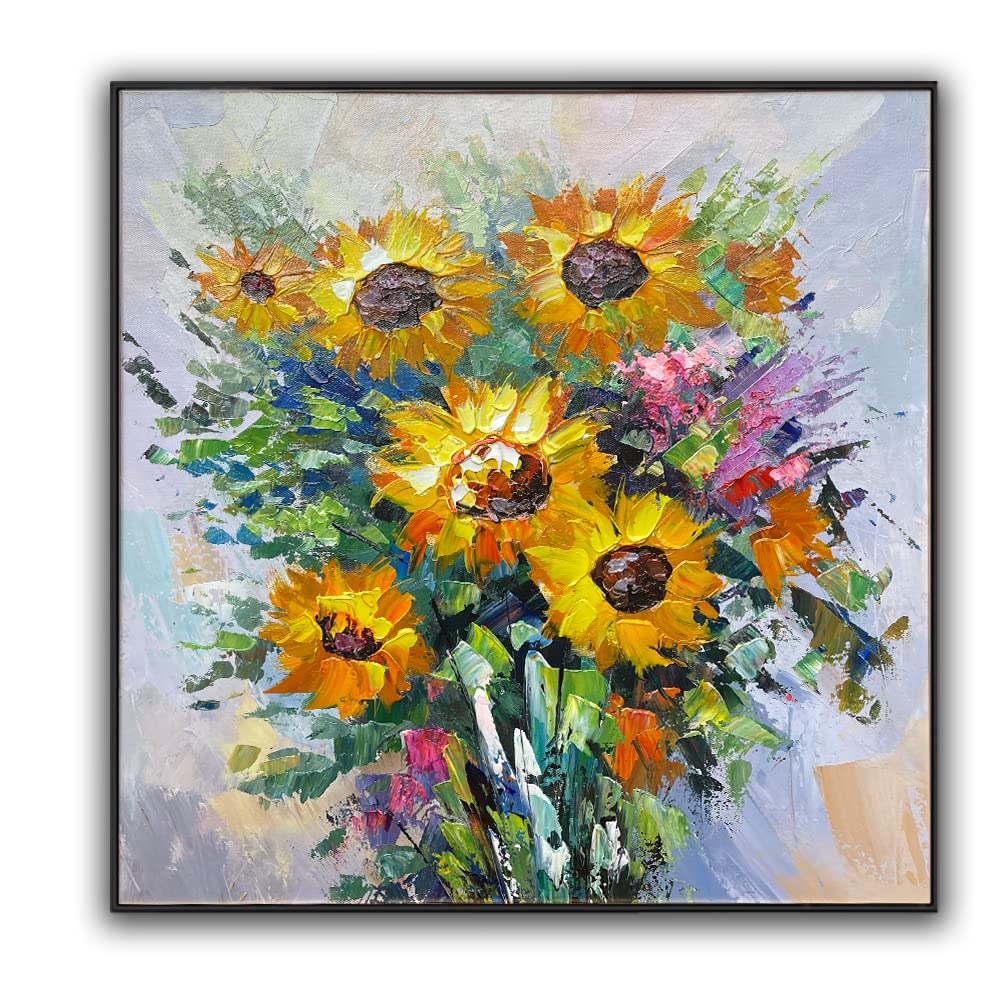 Hand Painted Thick Oil Sunflower Square Oil Painting - 24x24 Inch Wall Art with Aluminum Alloy Black Frame - Perfect for Restaurant, Porch, Living Room & Home Decor