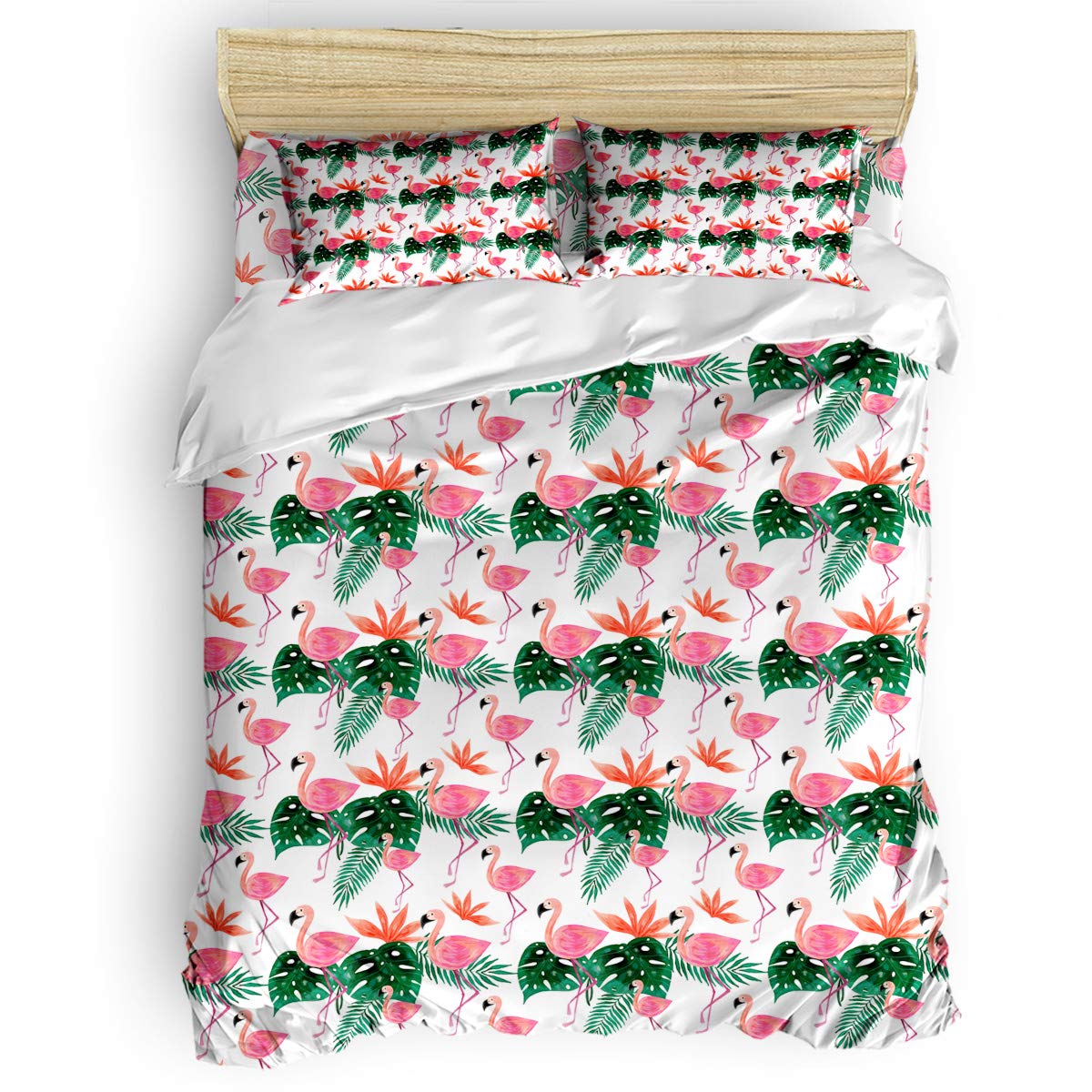 Twin Cute Flamingo Duvet Cover Set for Kids - Colorful Tropical Plants Pattern Bedding (1 Comforter Cover, 1 Flat Sheet, 2 Pillowcases) - Perfect for Girls' & Boys' Bedrooms, Nursery Decor, and Tropical-Themed Kids' Rooms