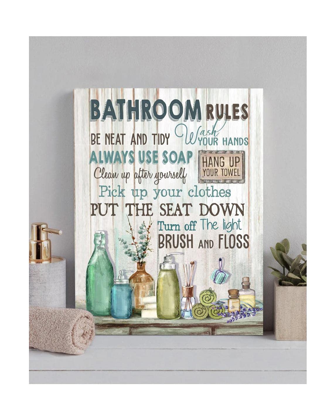 Rustic Bathroom Wall Art Decor - Framed Canvas Prints with Wood Background for Modern Farmhouse, Bath & Laundry Room | Perfect for Home Decor & Gift Giving