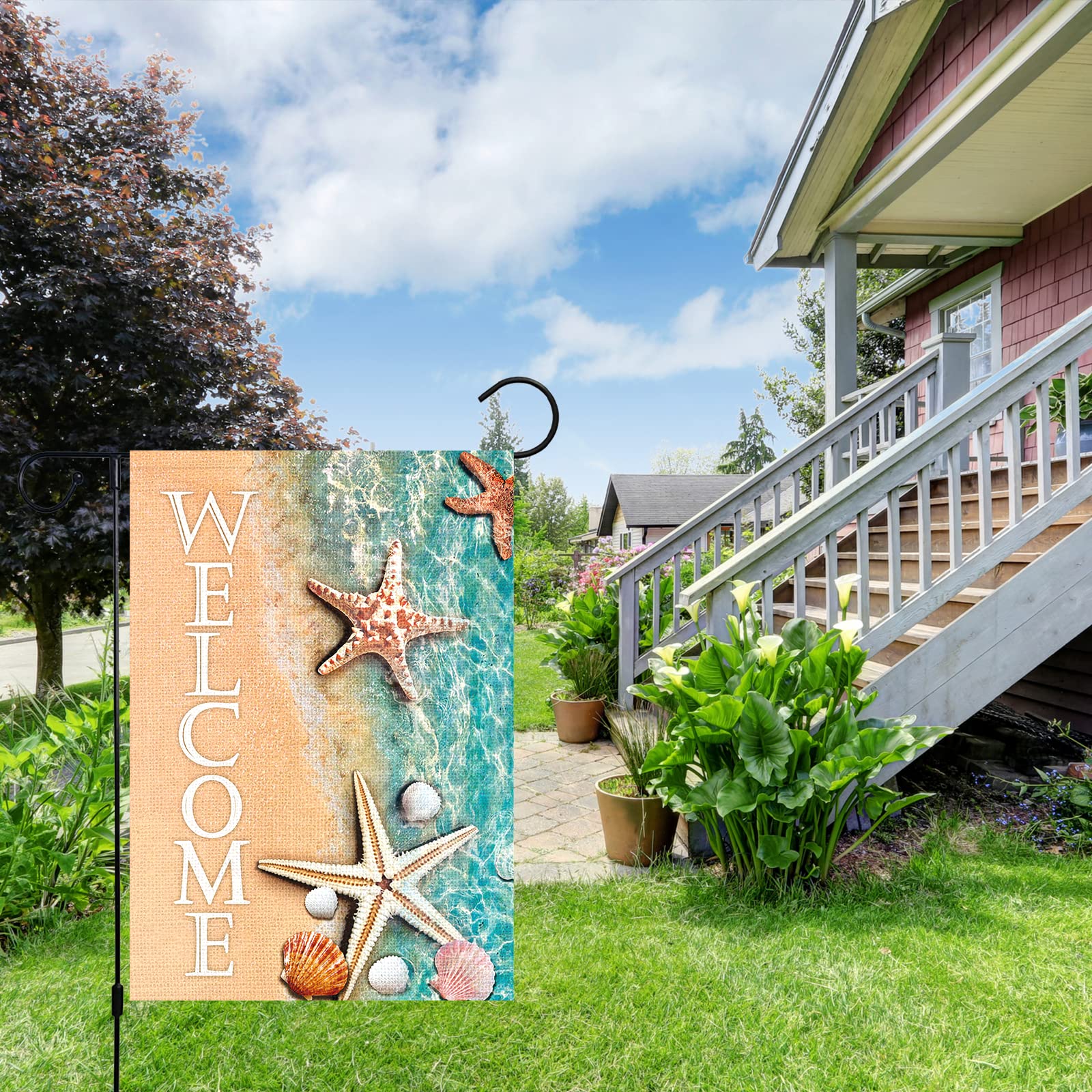 Louise Maelys Double Sided 12x18 Inch Vertical Garden Flag - Welcome Spring Summer Beach Theme with Starfish & Seashell Design, Burlap Outdoor Yard Decoration for Seasonal Patio, Porch and House Decor