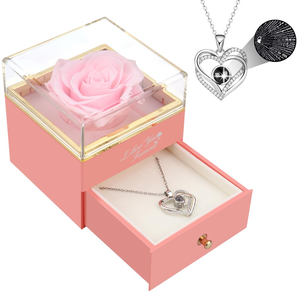 Vanleonet Preserved Pink Real Rose Heart Necklace - I Love You Jewelry for Mom, Wife, Girlfriend, Grandma - Perfect for Mother's Day, Christmas, Anniversary, Valentine's Day & Romantic Occasions