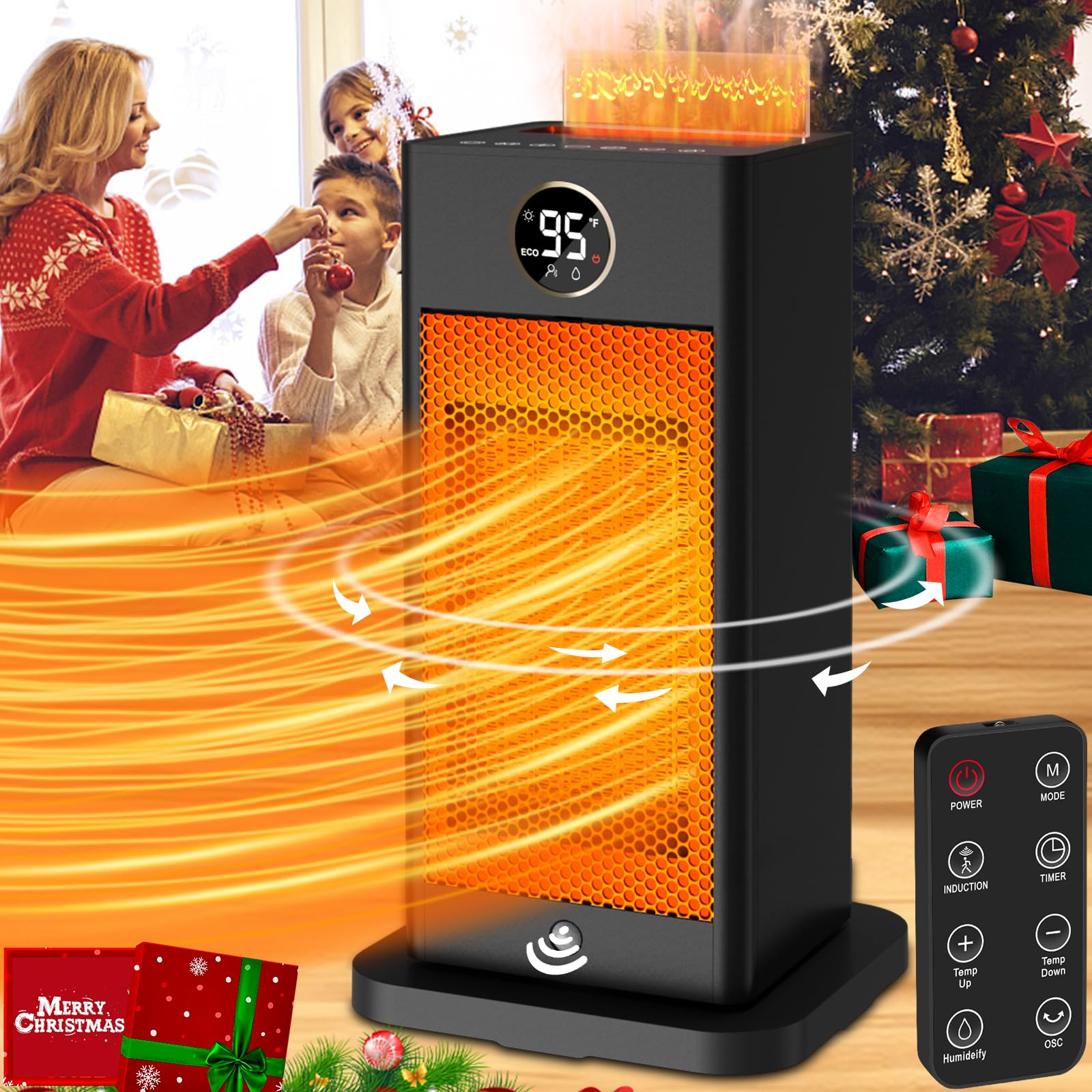 1500W PTC Fast Heating Space Heater with Humidifier & 3D Flame Effect - Oscillating Indoor Heater for Large Rooms up to 260 sq.ft - Perfect for Bedroom, Office & Living Room Use