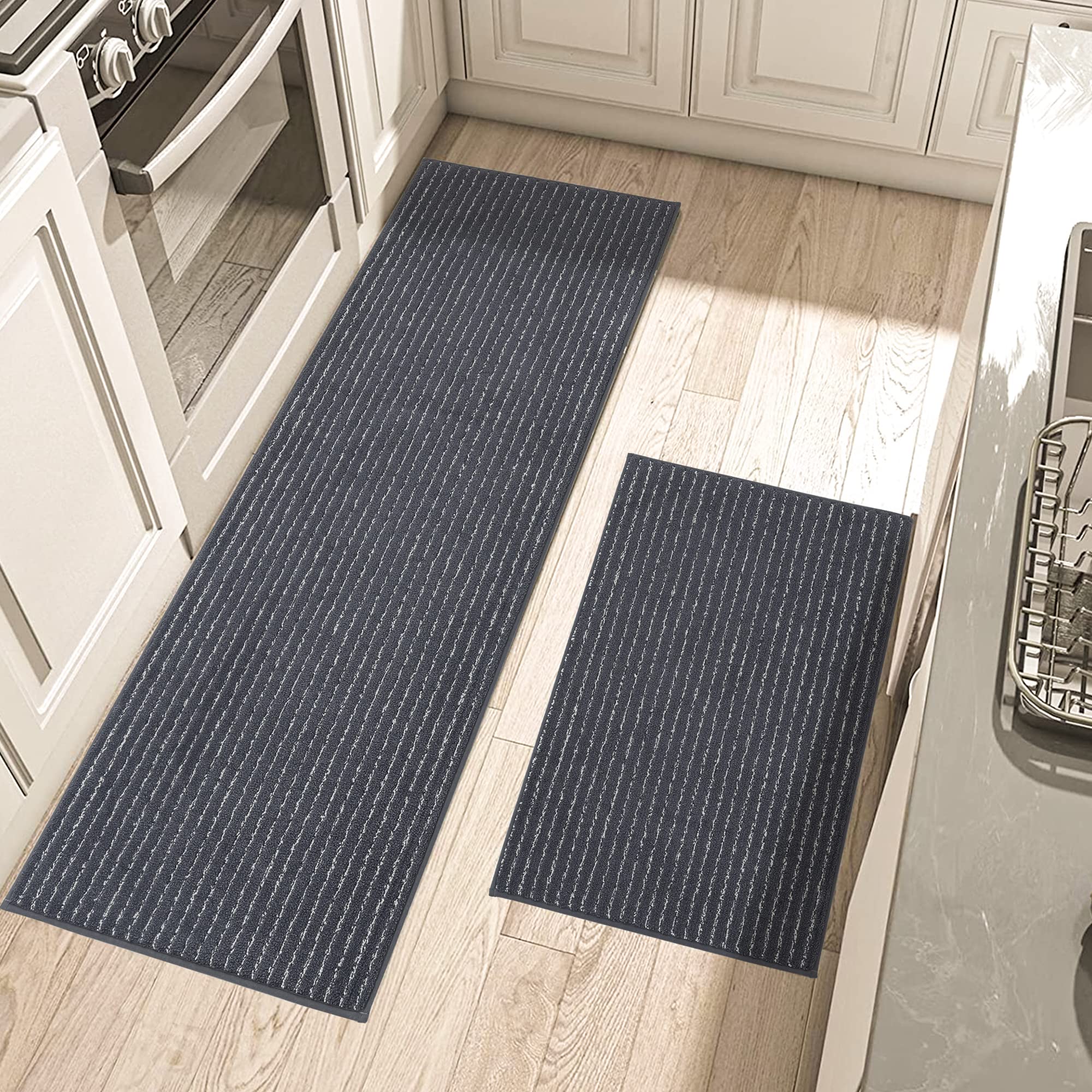 BEQHAUSE Non-Slip Kitchen Floor Mats Set of 2 - Dark Grey Absorbent Polyester Rugs with TPR Backing, Machine Washable (24x35inch & 24x60inch) - Perfect for Kitchen, Laundry Room, and Entryway Protection
