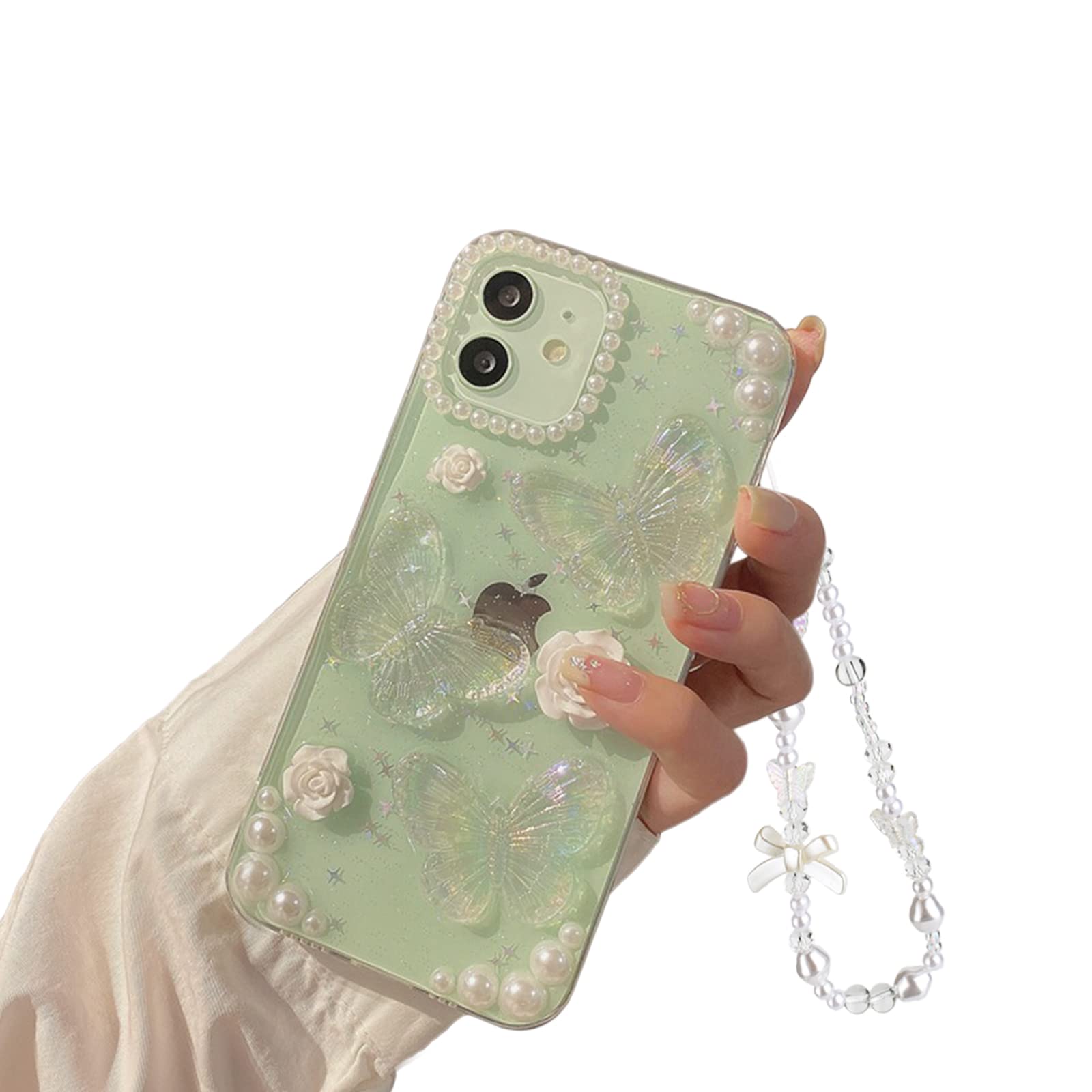 Fycyko iPhone 12/12 Pro Case - 3D Butterfly Floral Clear Glitter Phone Cover with Crystal Sparkle & Detachable Chain | Cute Girly Protective Case for Women & Teens | Perfect for Daily Use, Parties & Gifts