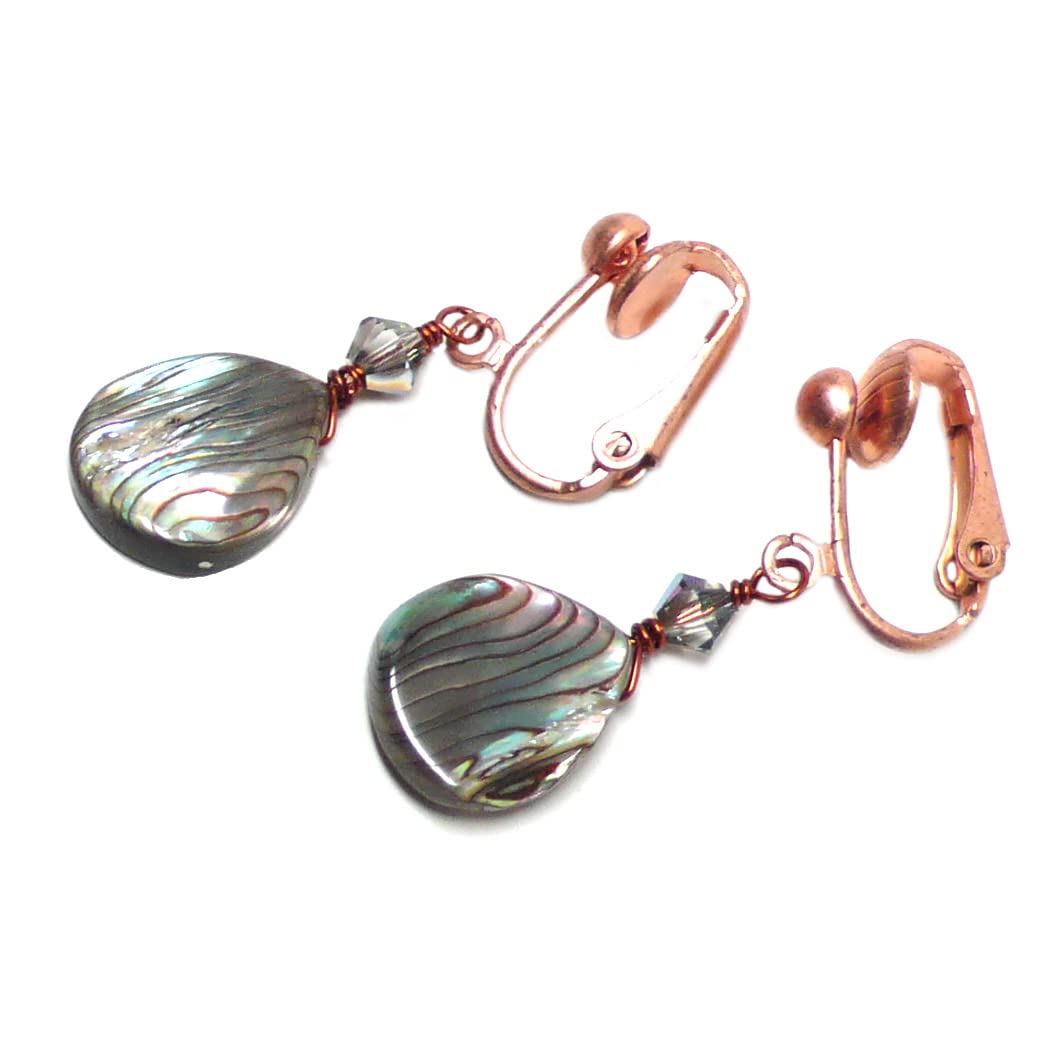 Elegant Abalone Teardrop Copper Earrings with Crystal Accents - Lever Back & Clip-On Options for Women | Perfect for Weddings, Parties & Special Occasions