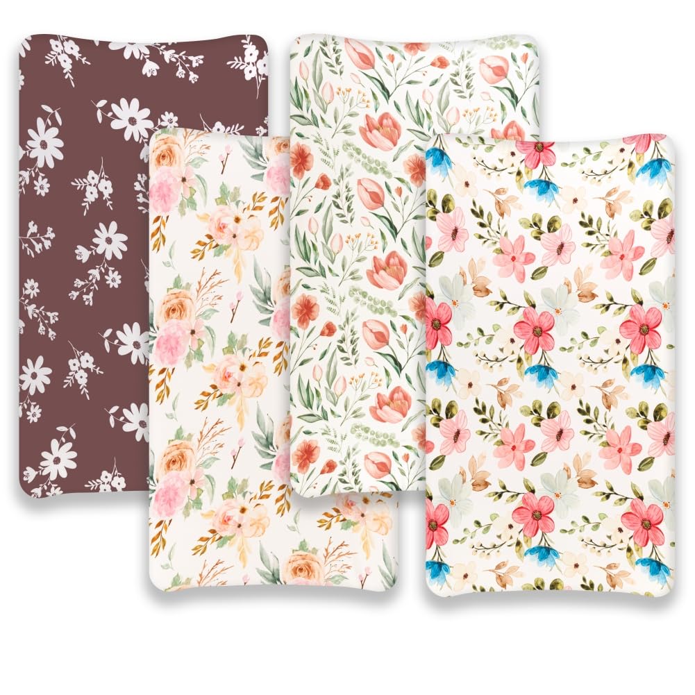 4 Pack Baby Girl Changing Pad Covers - Soft Breathable Fitted Floral & Elephant Theme Crib Sheets for Newborn & Toddler Girls | Nursery, Diaper Changing Station & Travel Use (Flower Pattern)