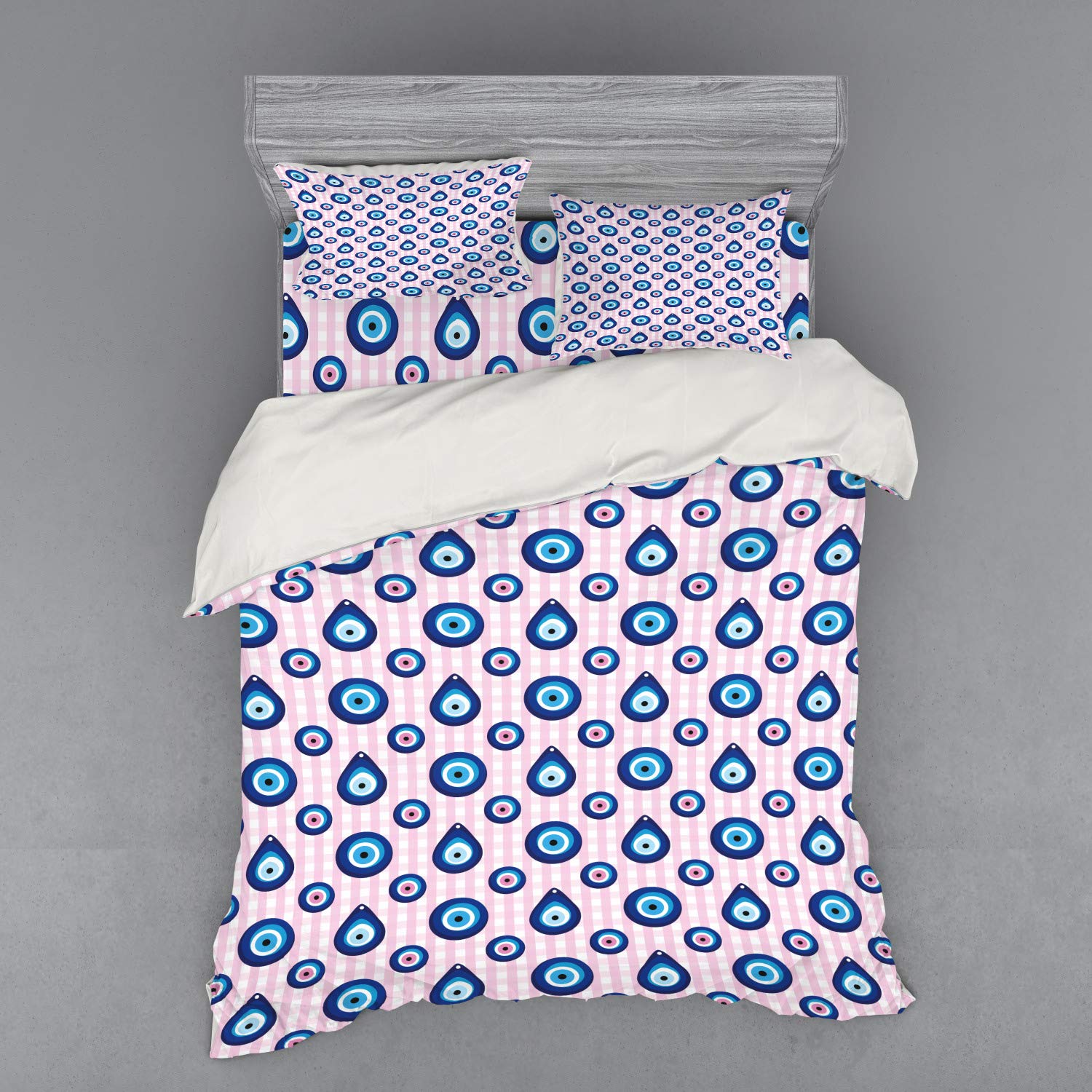 Ambesonne Evil Eye Bedding Set - 4 Piece Duvet Cover Set with Shams & Fitted Sheet, Protective Turkish Bead Design in Checkered Pattern, California King Size, Pale Pink Blue White Colors | Perfect for Home Decor, Bedroom Upgrade & Spiritual Protection