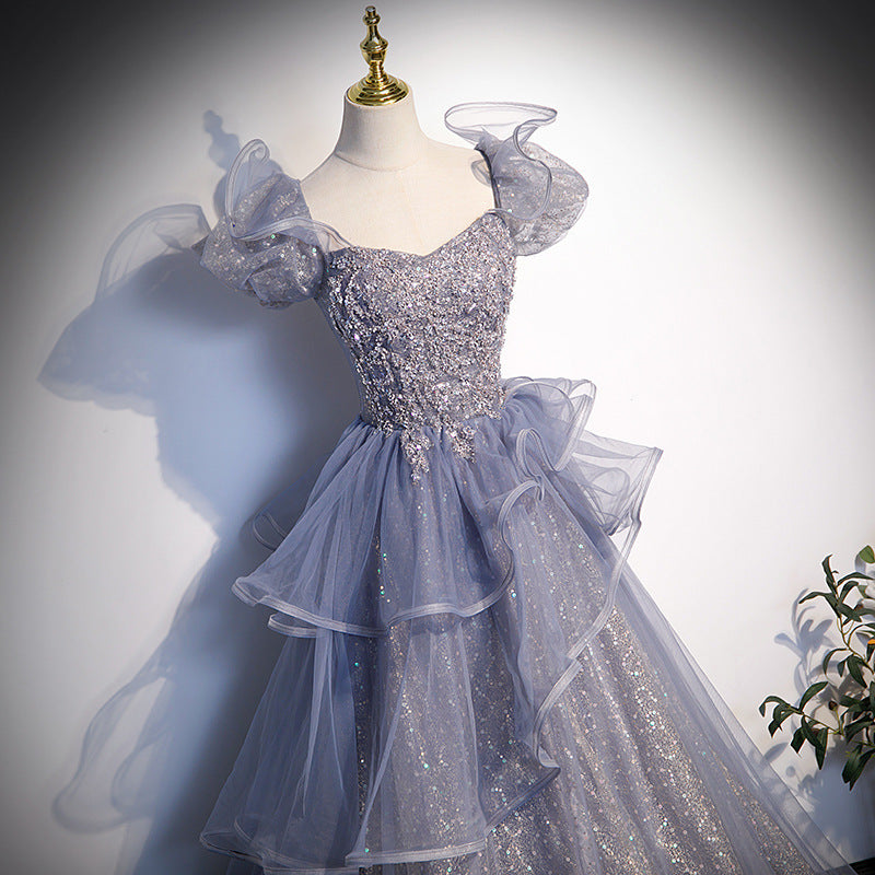 Elegant Gray A-Line Shiny Prom Dress with Puff Sleeves - Formal Evening Gown for Sweet 16 Party, Homecoming, and Special Occasions
