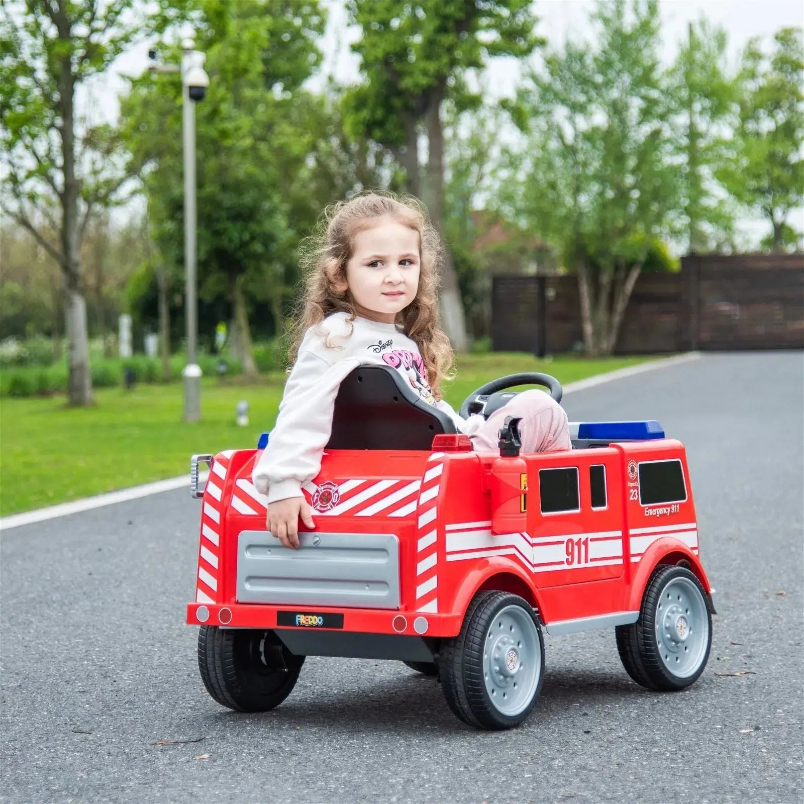 12V Fire Truck Ride-On Toy for Kids with Lights, Sounds & Parent Remote Control – 1 Seater Electric Car for Indoor & Outdoor Play – Freddo Toys