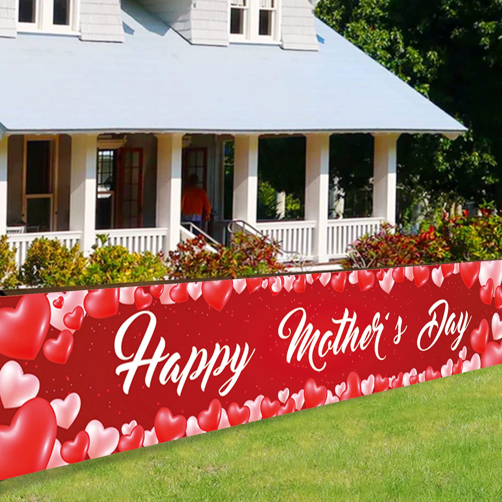 Large Happy Mother's Day Banner - Red Heart Decor for Mother's Day Party & Celebration - Perfect for Home, Office, and Event Decorations