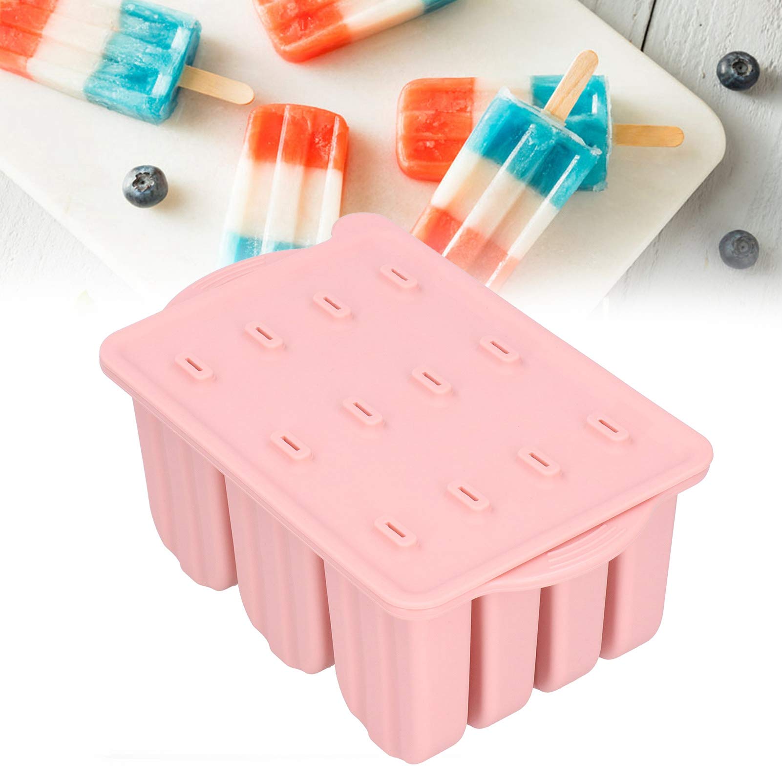 12 Grid Ice Bar Mold - Reusable Non-Stick Silicone Popsicle Mold for Homemade Ice Cream, Easy to Clean with 50 Bonus Sticks (Pink & Blue) - Perfect for Summer Treats, Kids Snacks & Party Desserts
