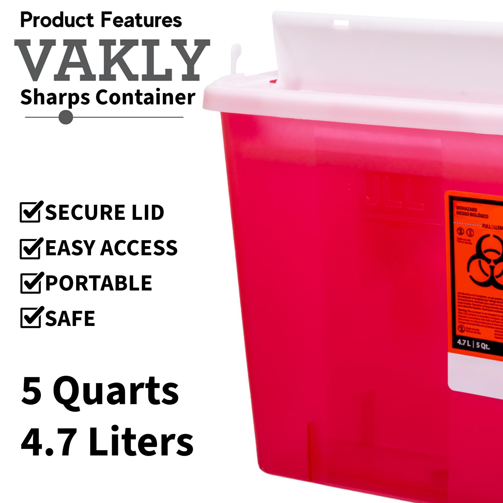 5 Quart Sharps Container with Mailbox Style Lid - Large Puncture-Resistant Needle Disposal Bin - FDA Approved for Home & Clinical Use (3 Pack) - Safe Syringe Storage for Diabetic, Tattoo & Veterinary Care