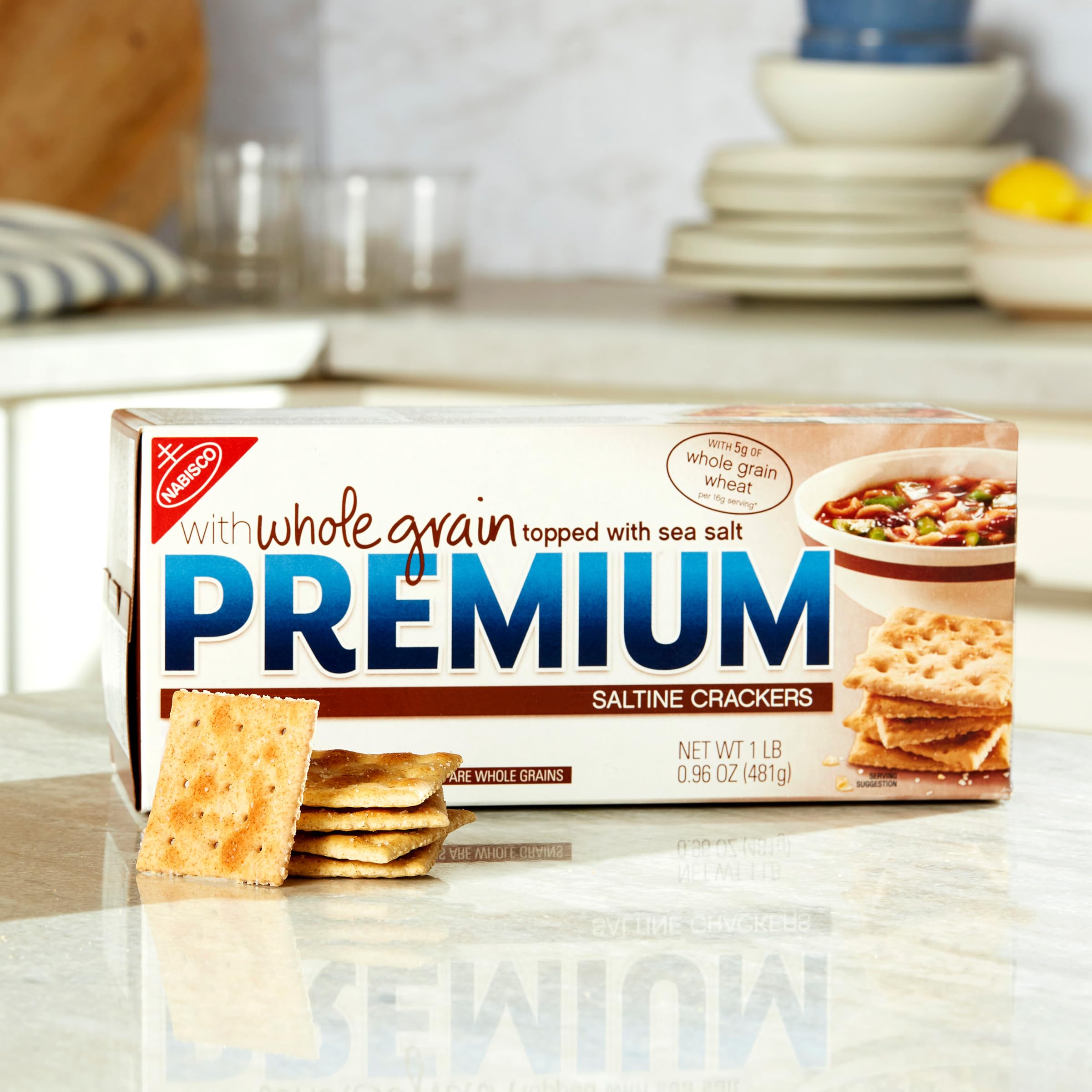 Premium Whole Grain Wheat Saltine Crackers - 1.06 lb Box, Healthy Lunch Snacks & On-The-Go Treats for Office, School, or Road Trips