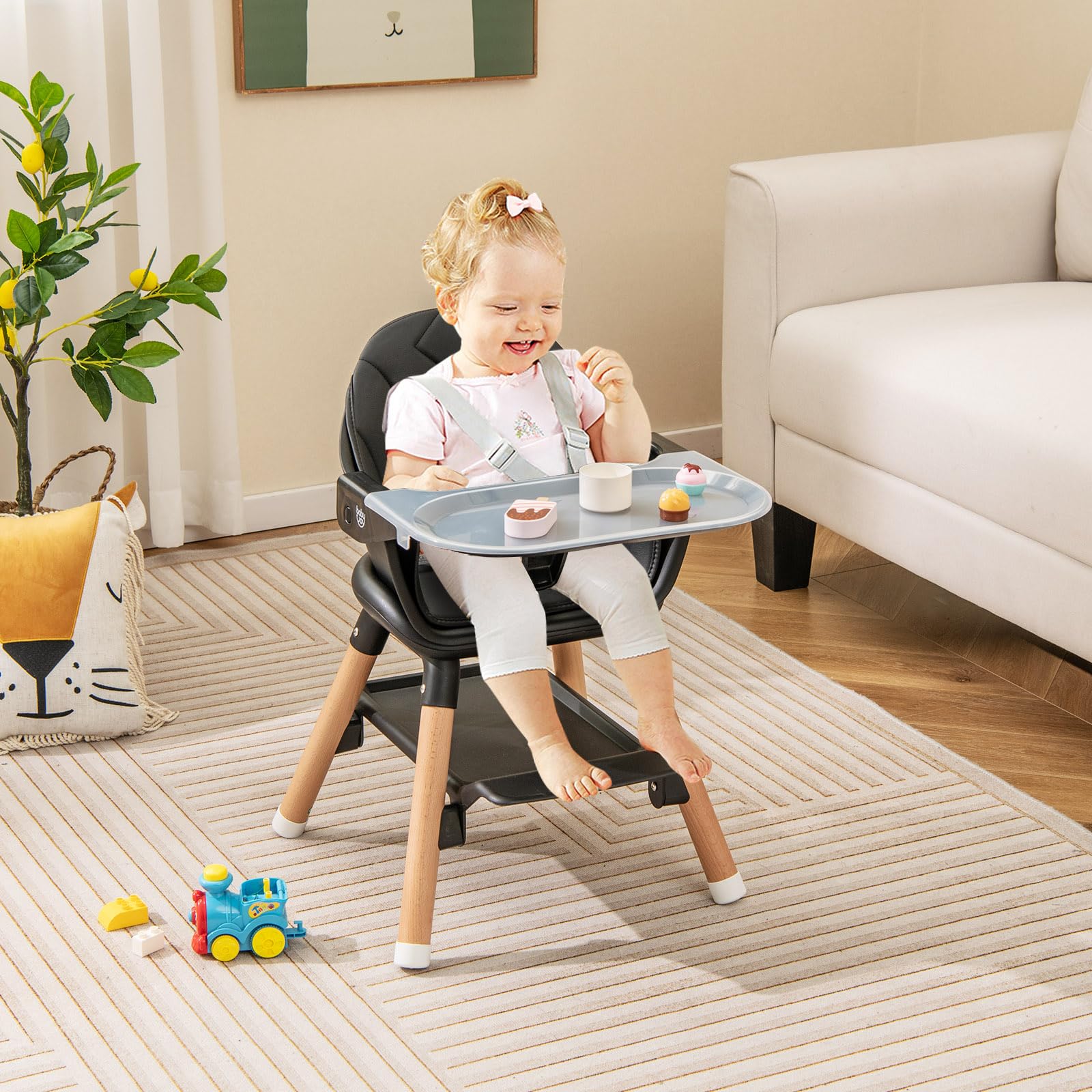 BABY JOY 6-in-1 Convertible Wooden High Chair for Babies & Toddlers - Adjustable Height, Removable Dual Trays, Safety Harness & Waterproof PU Cushion - Perfect for Dining, Feeding & Playtime (Black)