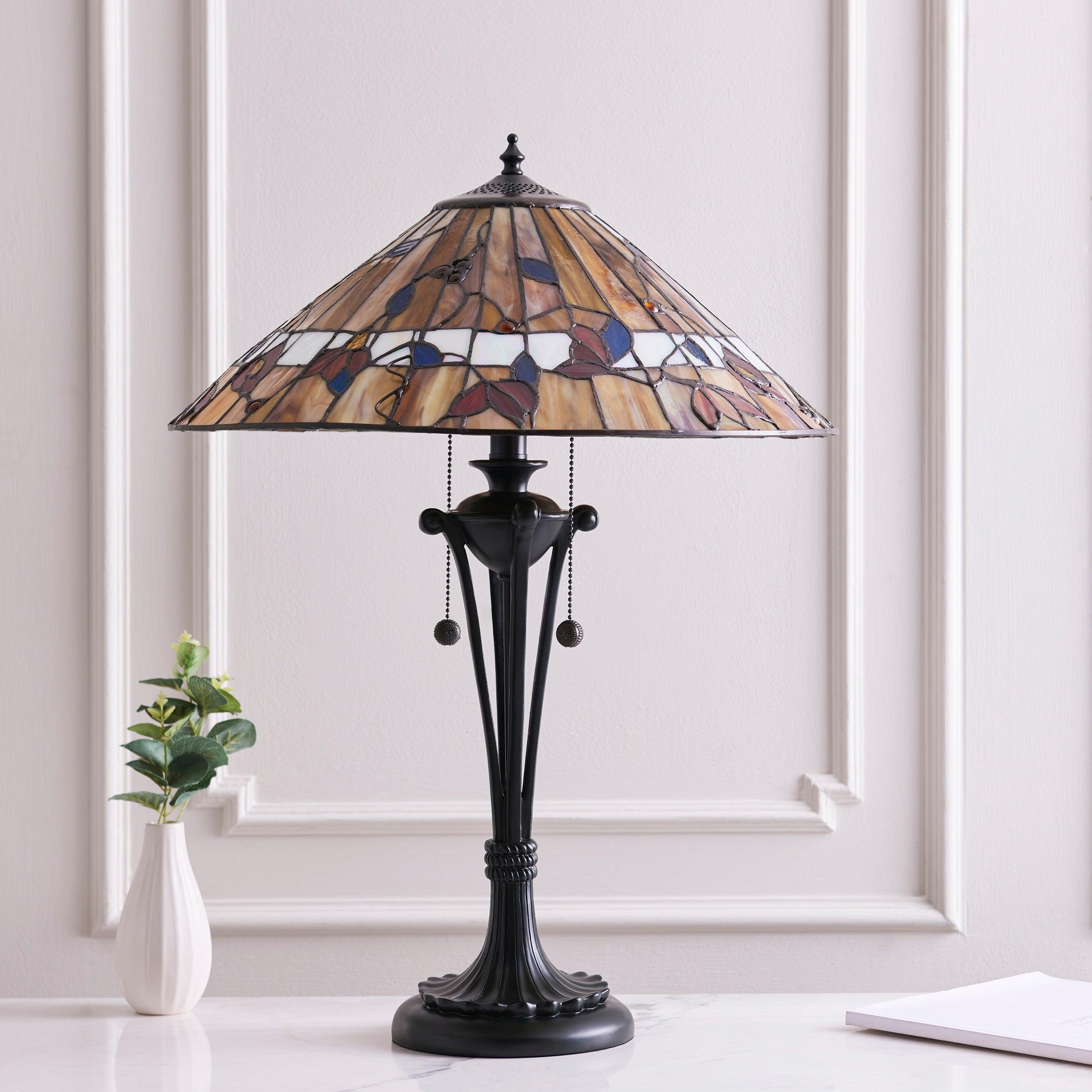 Antique-Style Bernwood Tiffany Table Lamp - Stained Glass Shade, Handcrafted Metal Base - Perfect for Living Room, Bedroom, or Office Decor