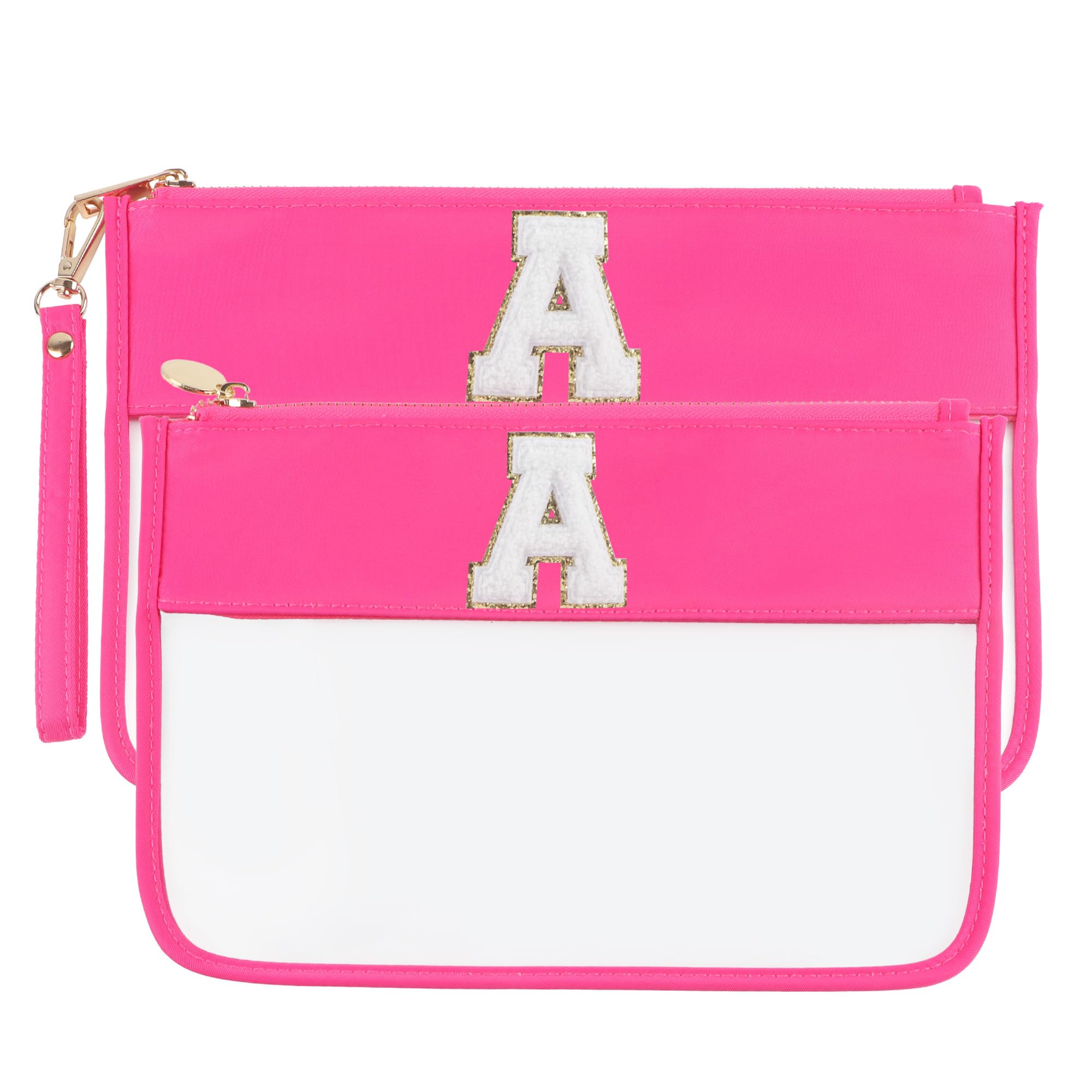 2-Piece Clear Glitter Chenille Monogram Makeup Bag Set - Travel Essentials Cosmetic & Snacks Organizer with Flat Zipper Pouch for Women (Hot Pink) - Perfect for Travel, Gym & Daily Beauty Storage
