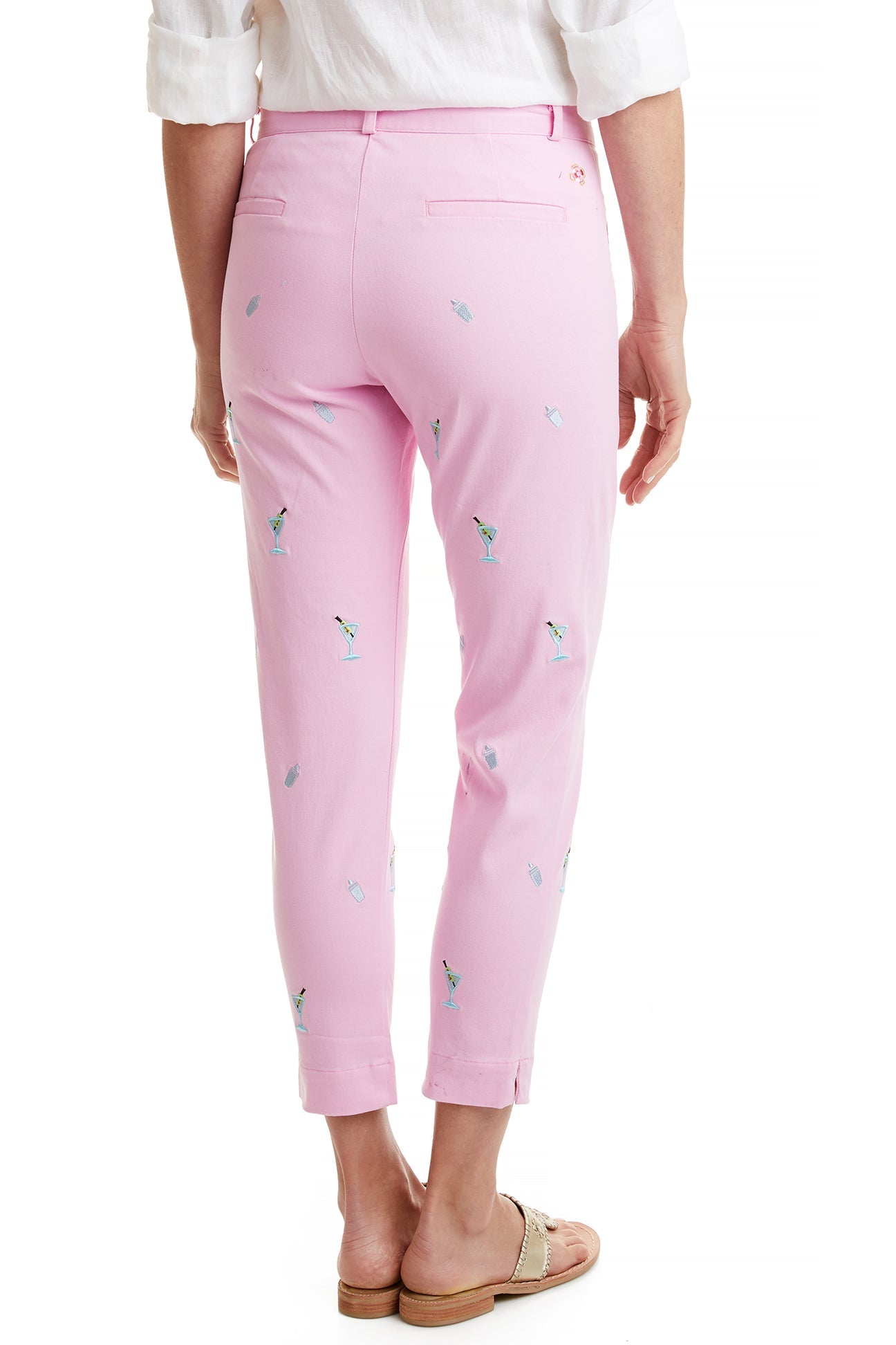 Stretchy Pink Twill Ankle Capri Pants with Martini & Cocktail Shaker Print - Perfect for Summer Outings, Cocktail Parties & Casual Wear